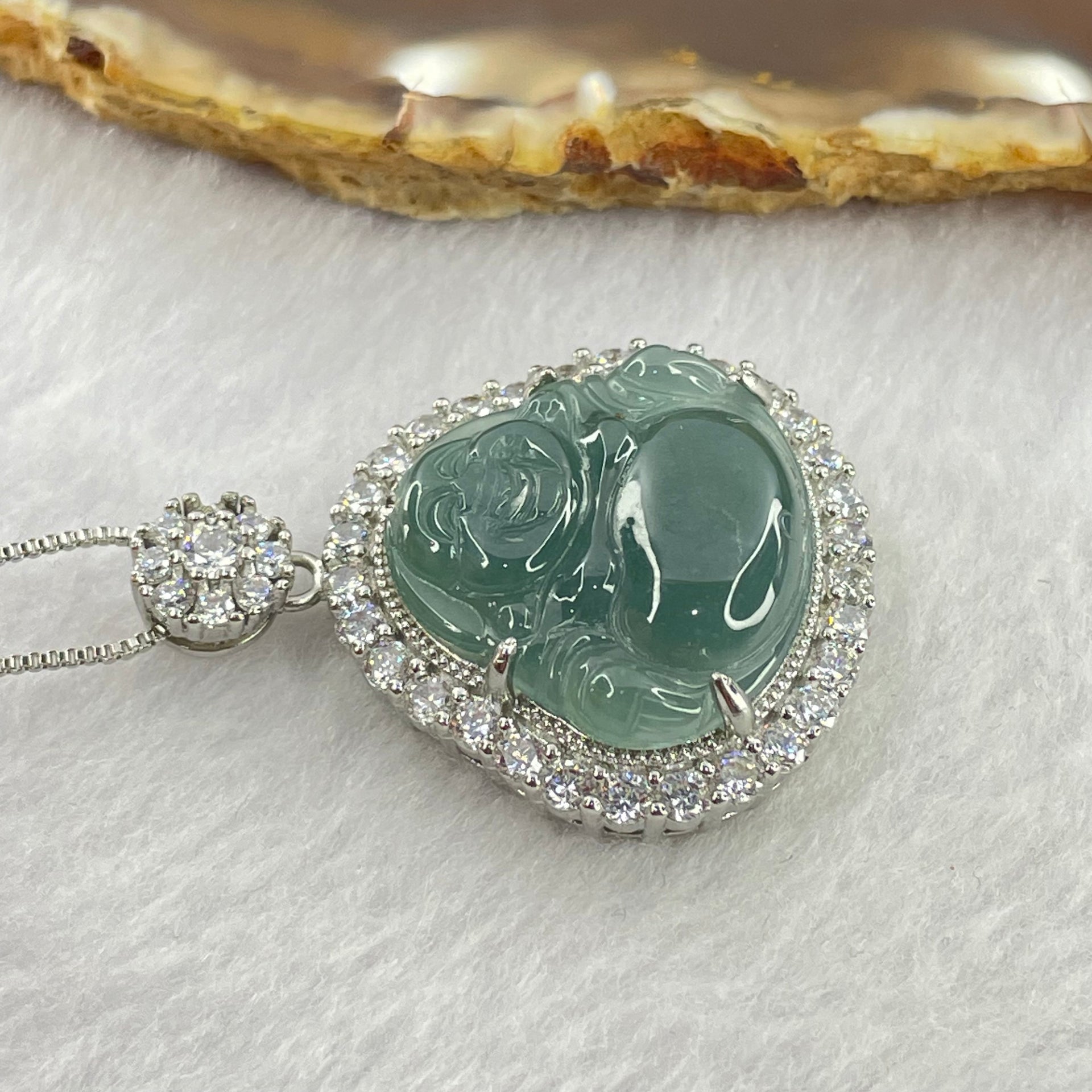 Type A Icy Blueish Green Jadeite Milo Buddha Pendent with Crystals in S925 Sliver Setting and Chain 11.73g 20.8 by 23.5 by 3.5mm - Huangs Jadeite and Jewelry Pte Ltd
