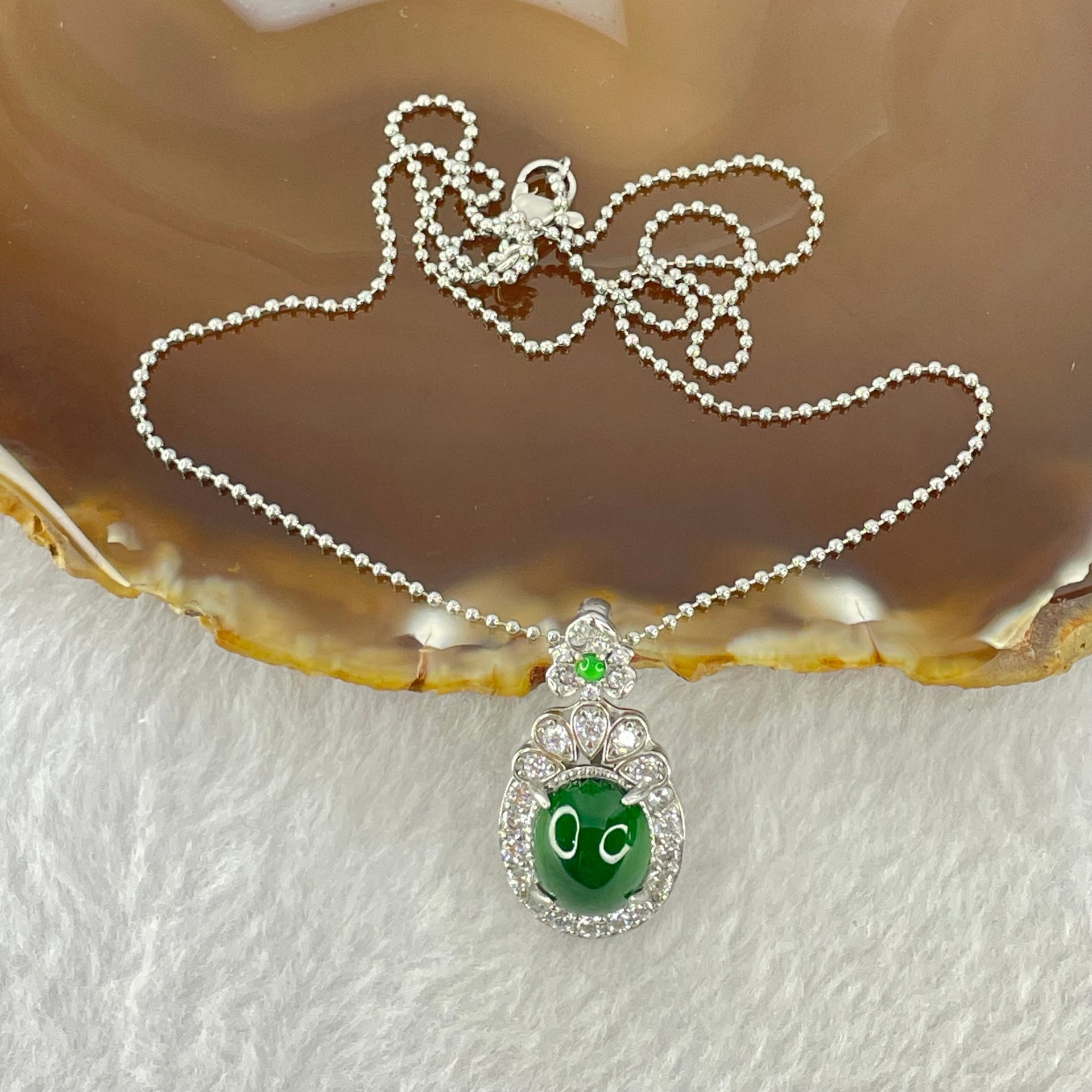Type A Icy Green Omphasite Jadeite 11.1 by 9.2 by 6.0mm With Crystals in S925 Sliver Necklace 5.28g - Huangs Jadeite and Jewelry Pte Ltd