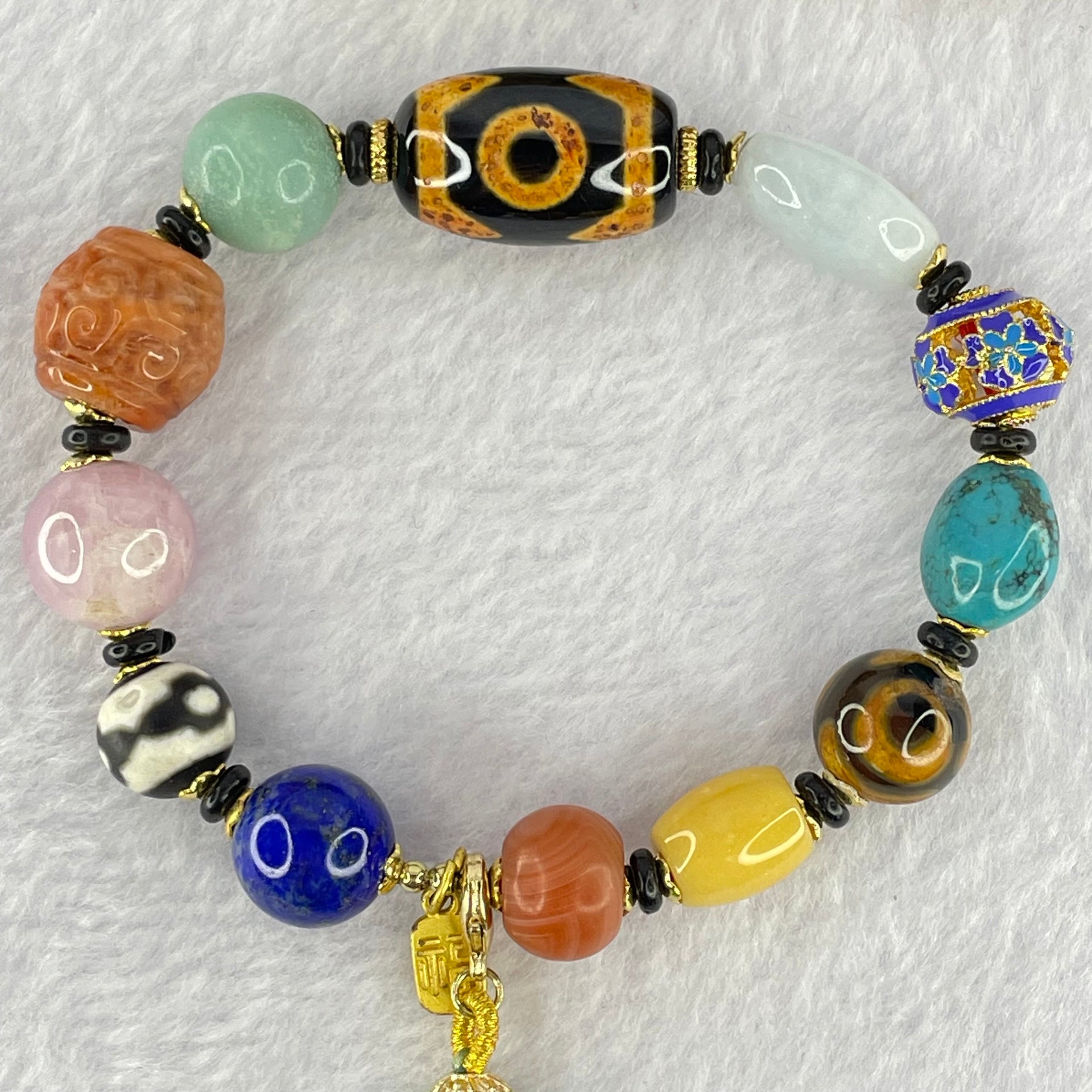 Muti Treasure with Tibetan Old Oily Agate Dzi Beads 3 Eye with Natural Crystals Beads Bracelet 37.56g 16.5cm 21.8 by 13.5mm, 11.2 by 11.7mm, 9.8 by 10.3mm - Huangs Jadeite and Jewelry Pte Ltd