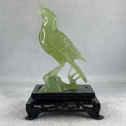 Natural Green Serpentine Javan Mynah Birds on Tree with Wooden Stand Display 291.4g 99.0 by 153.8 by 78.0mm - Huangs Jadeite and Jewelry Pte Ltd
