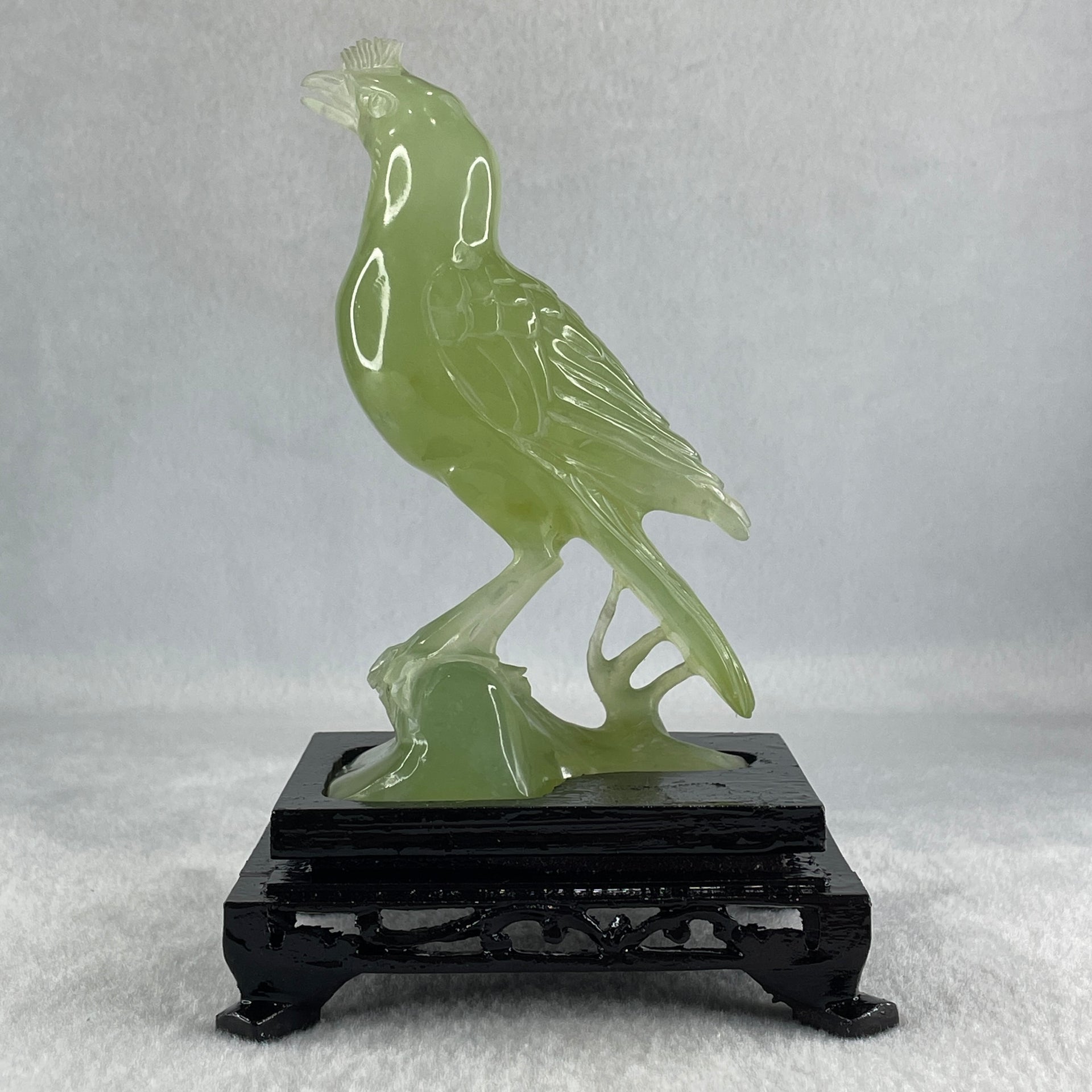 Natural Green Serpentine Javan Mynah Birds on Tree with Wooden Stand Display 291.4g 99.0 by 153.8 by 78.0mm - Huangs Jadeite and Jewelry Pte Ltd