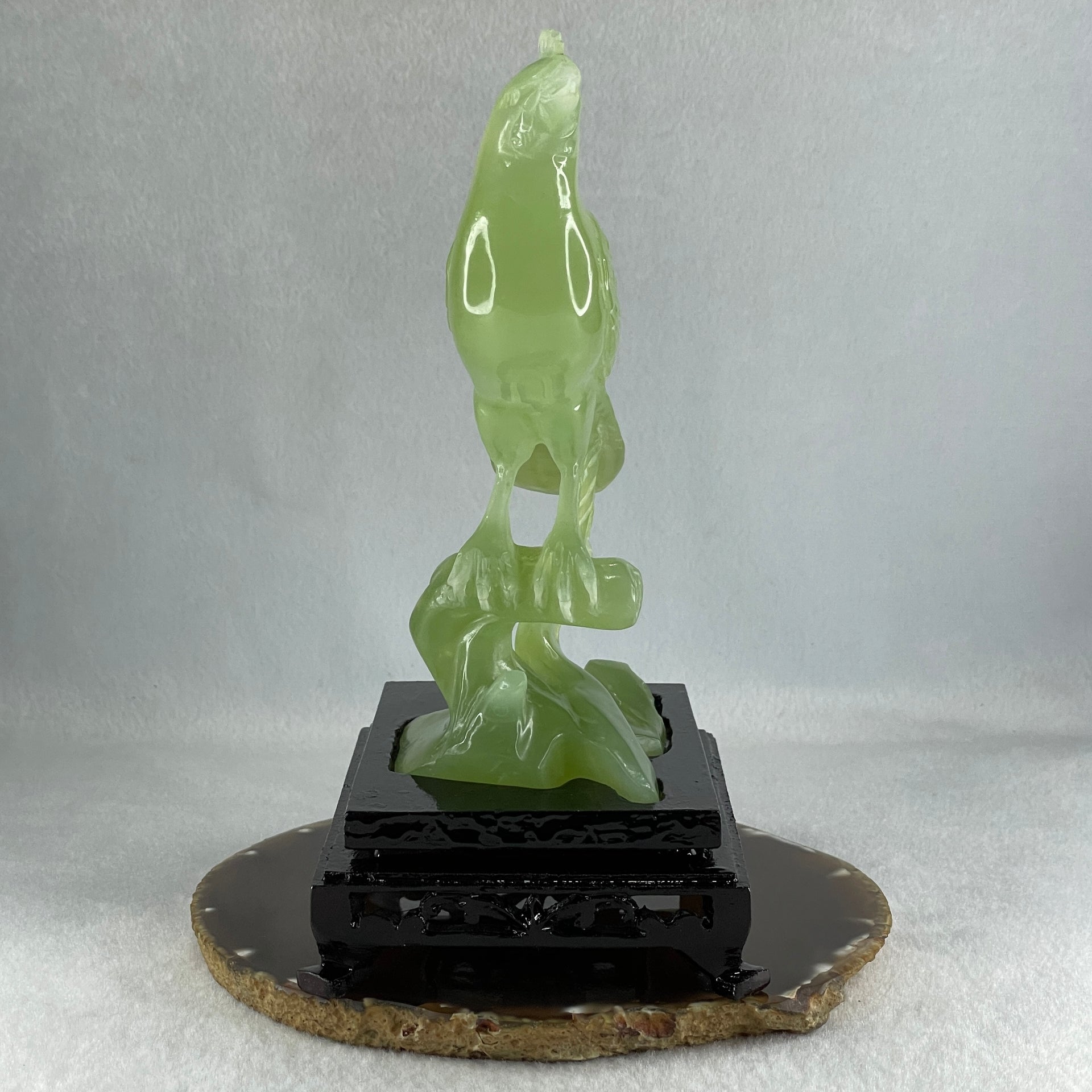 Natural Green Serpentine Bird on Plant with Wooden Stand Display 412.0g 135.0 by 96.0 by 190.0mm - Huangs Jadeite and Jewelry Pte Ltd