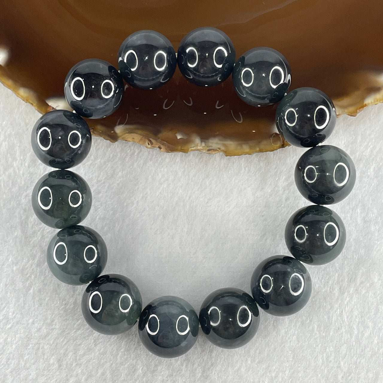 Natural Type A Wuji Grey with Blueish Green Jadeite Beads Bracelet 84.42g 16cm 15.2mm 14 Beads