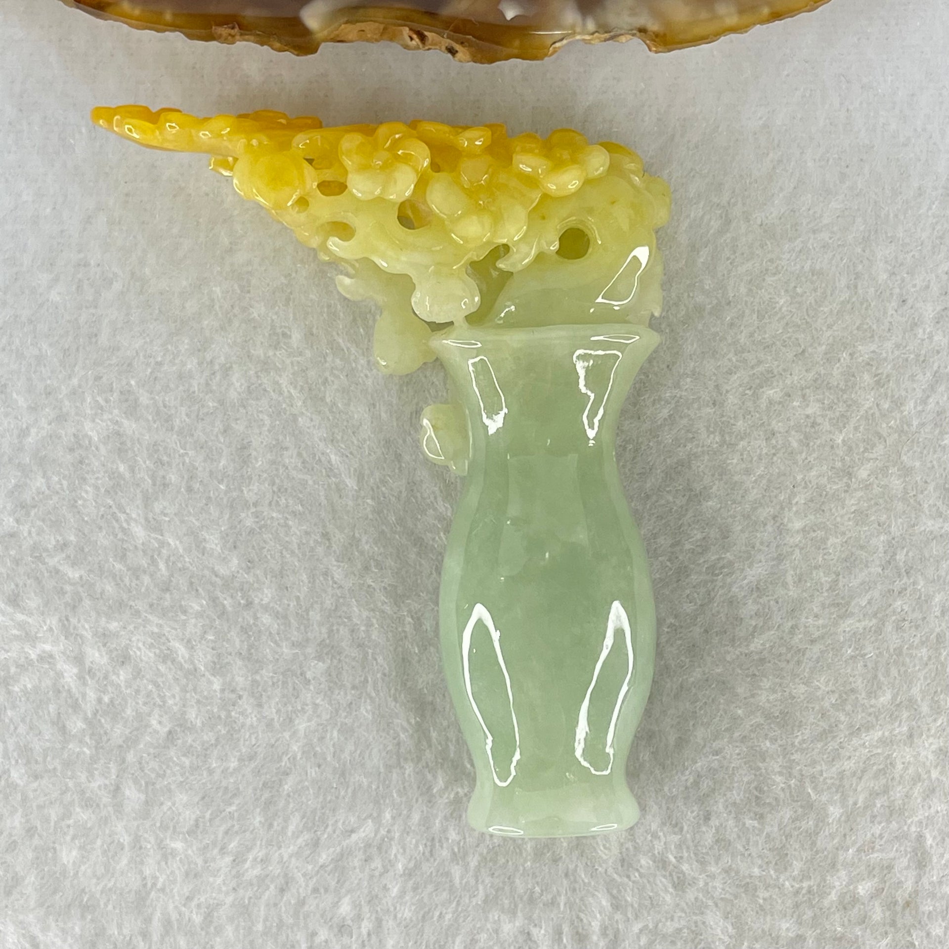 Type A Light Green with Yellow Jadeite Vase with Prosperity Flowers Pendant / Display 28.78g 59.0 by 49.7 by 14.1mm with Wooden Stand - Huangs Jadeite and Jewelry Pte Ltd