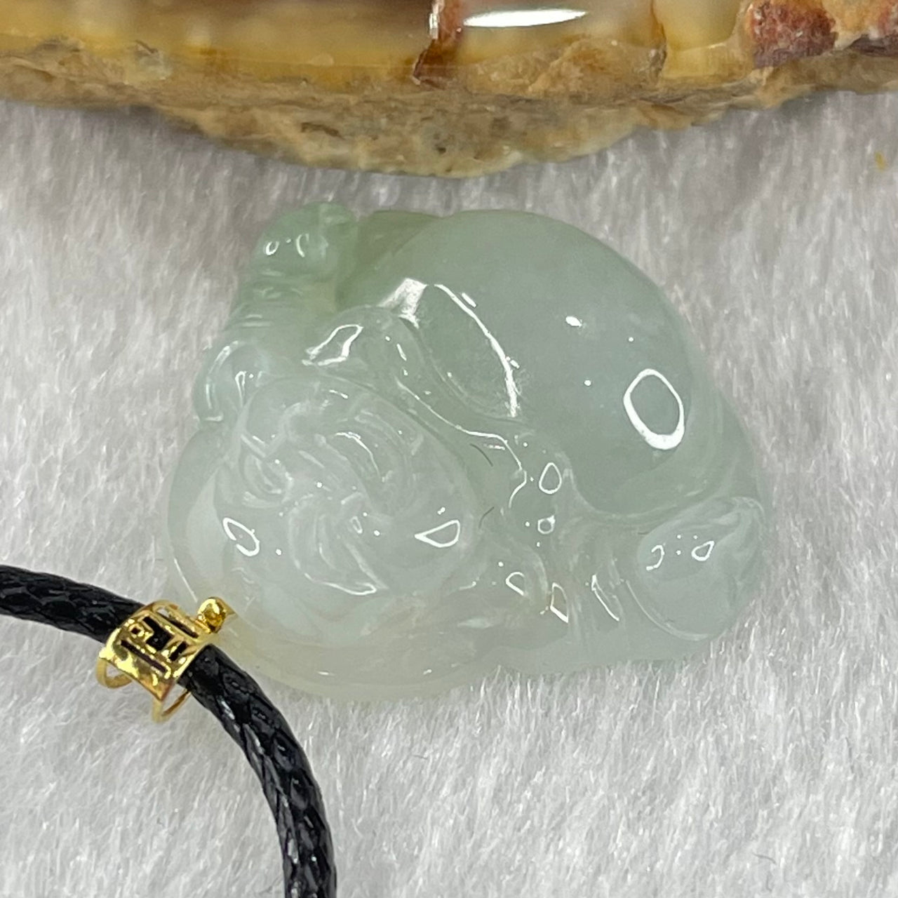Type A Faint Lavender Green Jadeite Milo Buddha in 18K Gold Pendant with String Necklace 3.24g 16.9 by 18.1 by 5.5mm - Huangs Jadeite and Jewelry Pte Ltd
