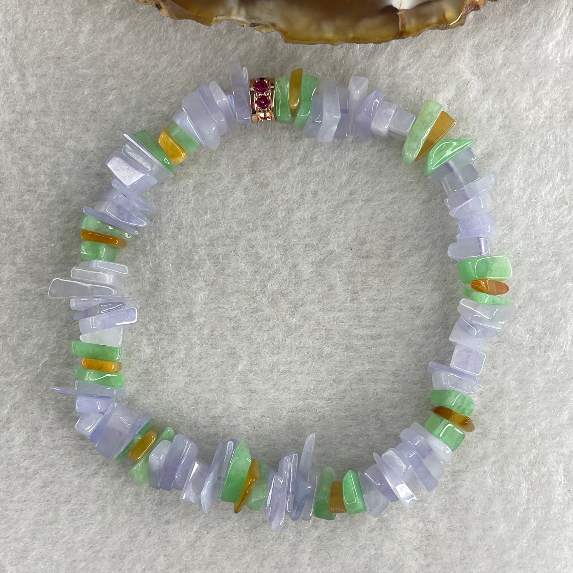 Natural Type A Lavender with Green Yellow Jadeite Irregular Bracelet 14.36g 14cm 8.2mm 94 Pcs - Huangs Jadeite and Jewelry Pte Ltd