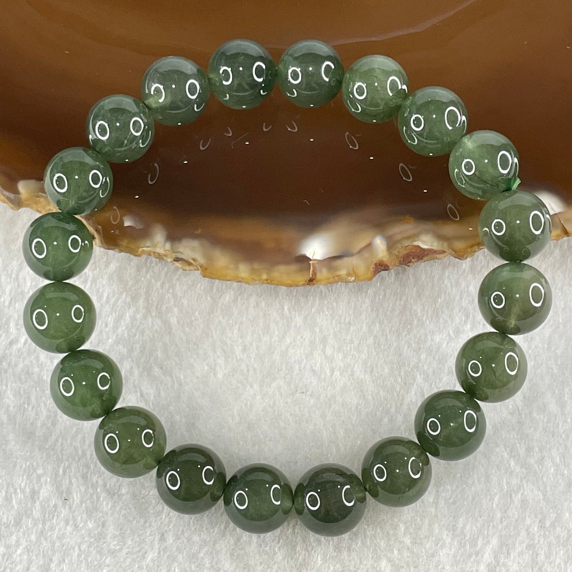 Good Grade Natural Cats Eye Green Rutilated Quartz Beads Bracelet 24.86g 16.5cm 9.8mm 20 Beads - Huangs Jadeite and Jewelry Pte Ltd