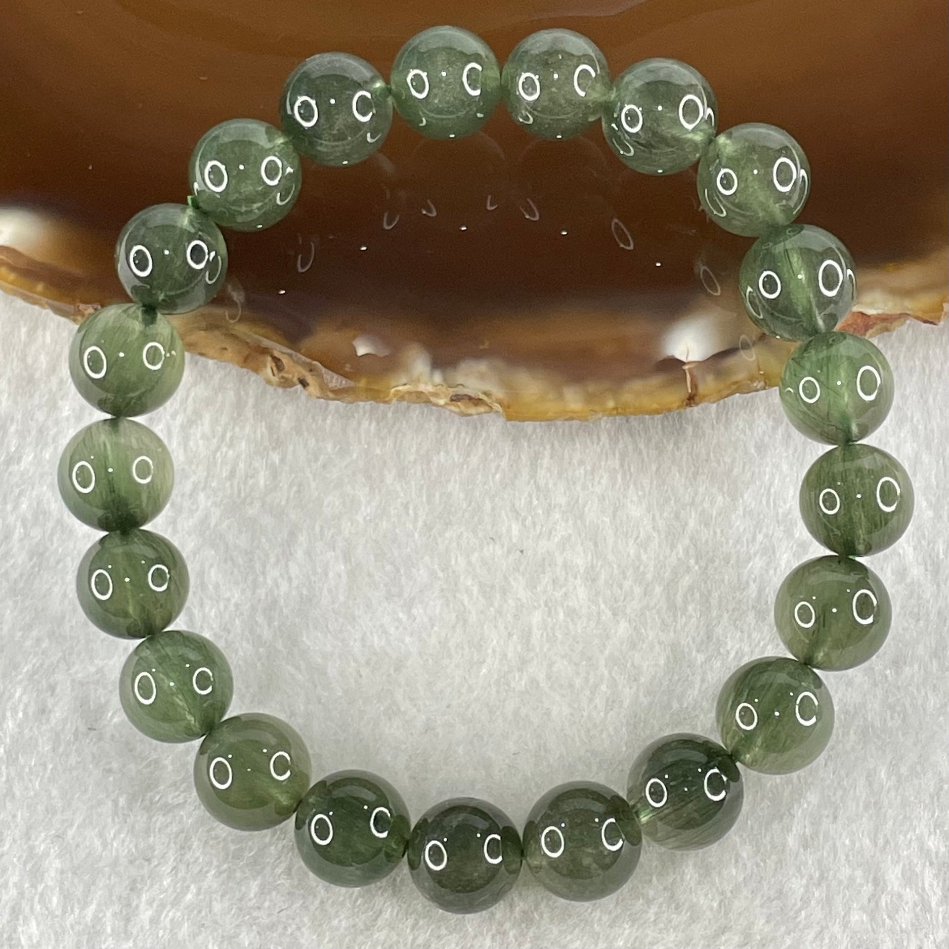 Good Grade Natural Cats Eye Green Rutilated Quartz Beads Bracelet 22.16g 16cm 9.3mm 21 Beads - Huangs Jadeite and Jewelry Pte Ltd