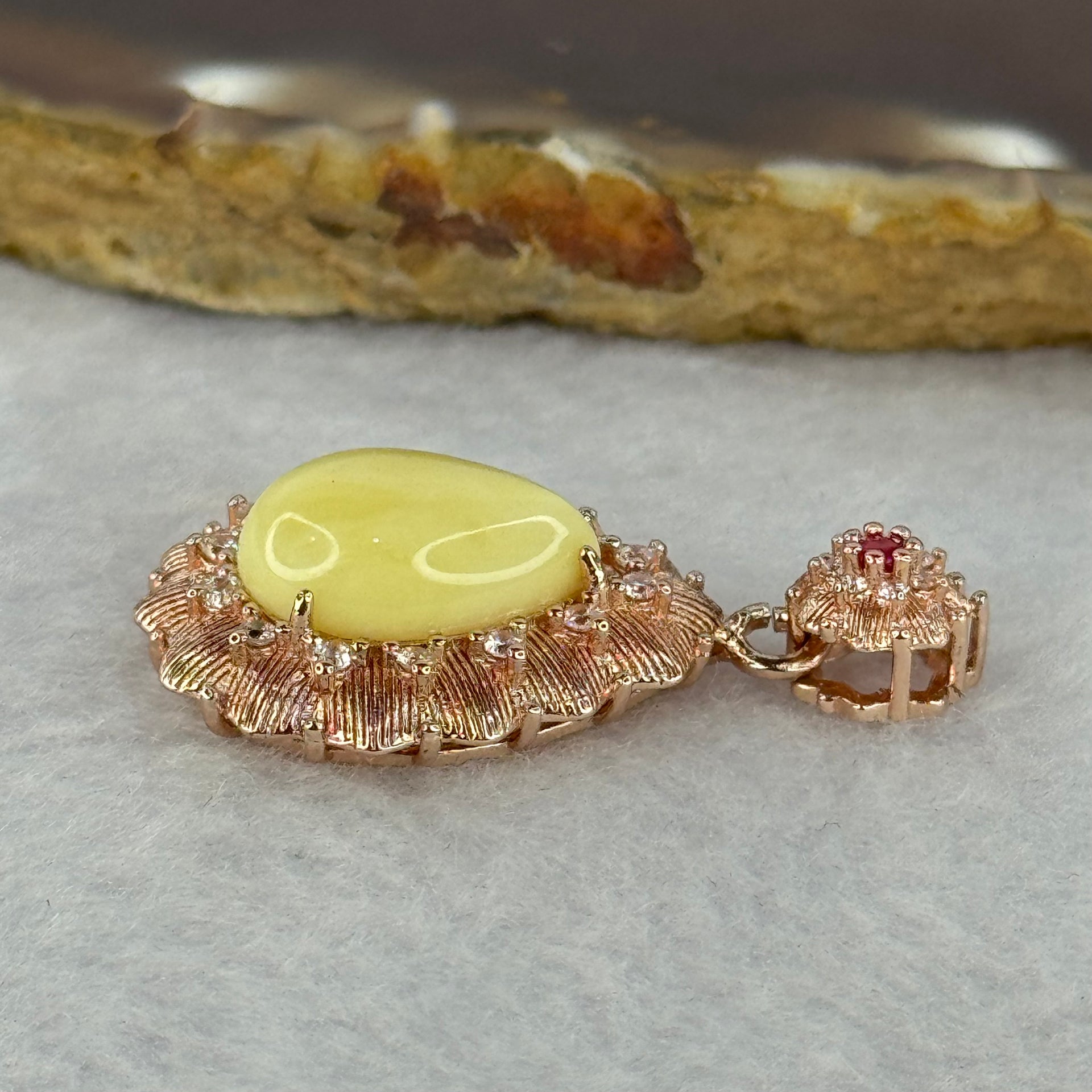 Natural Milk Royal White Amber with Crystals in Rose Gold Color Pendent 3.18g 14.1 by 10.0 by 5.0mm - Huangs Jadeite and Jewelry Pte Ltd