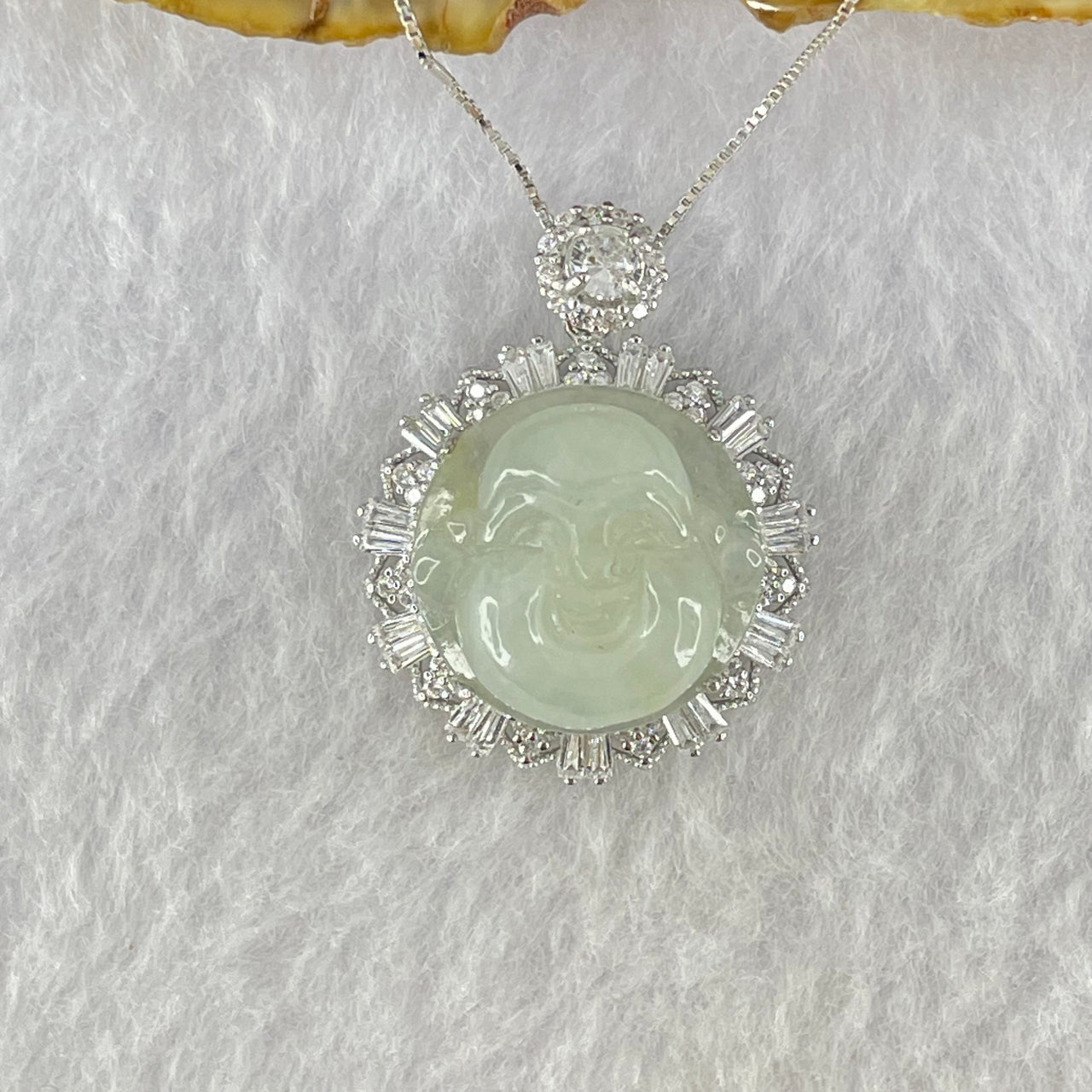 Type A Faint Green Lavender Milo Buddha with Crystals in S925 Sliver Pendant and Necklace 7.05g 16.6 by 16.6 by 8.0mm - Huangs Jadeite and Jewelry Pte Ltd