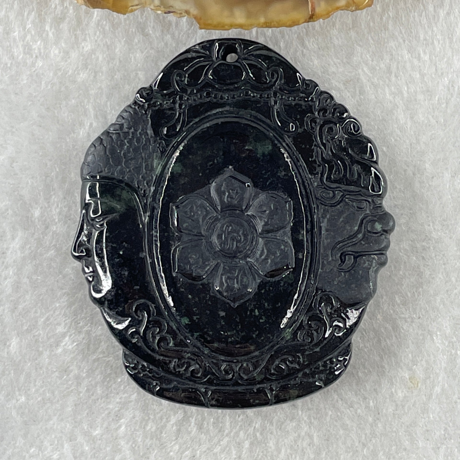 Type A Opaque Black Omphacite Jadeite Good Vs Evil Thousand Hand Guan Yin Pendant Rat Zodiac Guardian 48.32g 50.5 by 43.3 by 12.9mm - Huangs Jadeite and Jewelry Pte Ltd