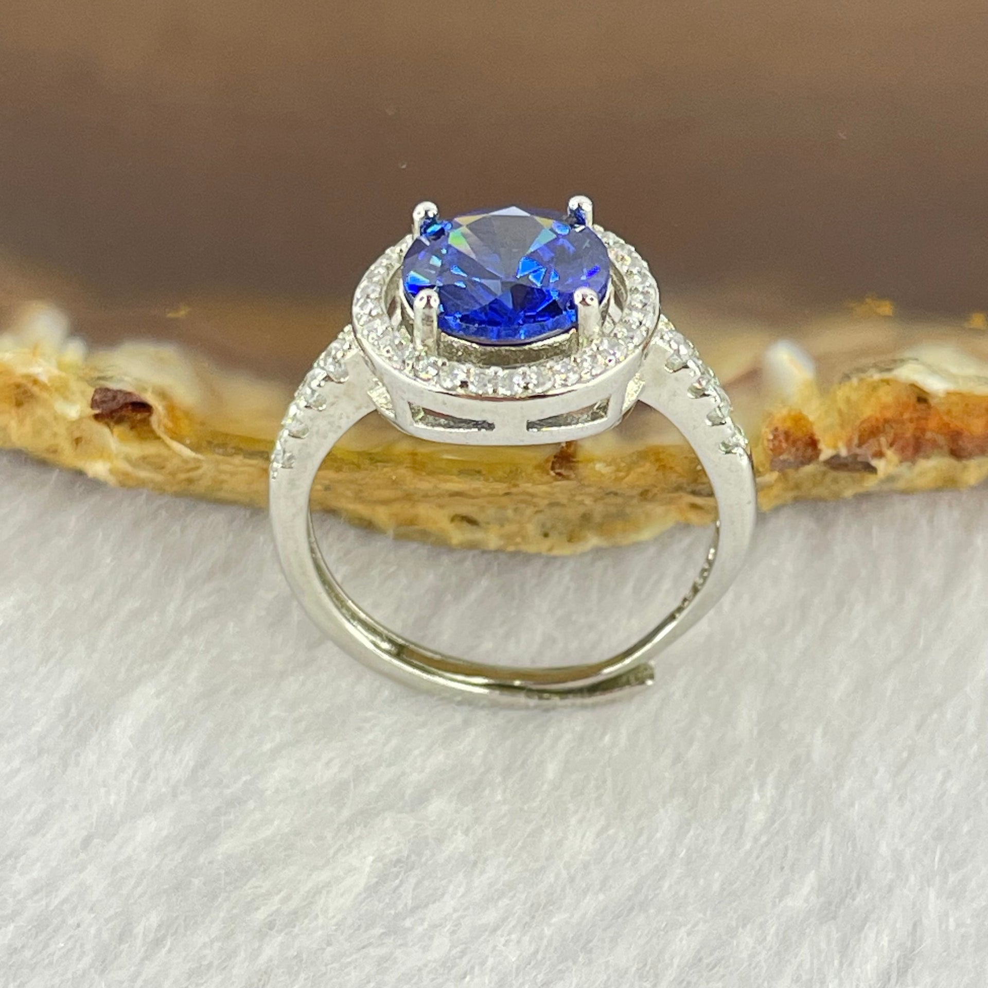 Blue Cubic Zirconia with Crystals in PT950 Plated Sliver Ring (Adjustable Size) 2.28g 7.8 by 4.8mm - Huangs Jadeite and Jewelry Pte Ltd