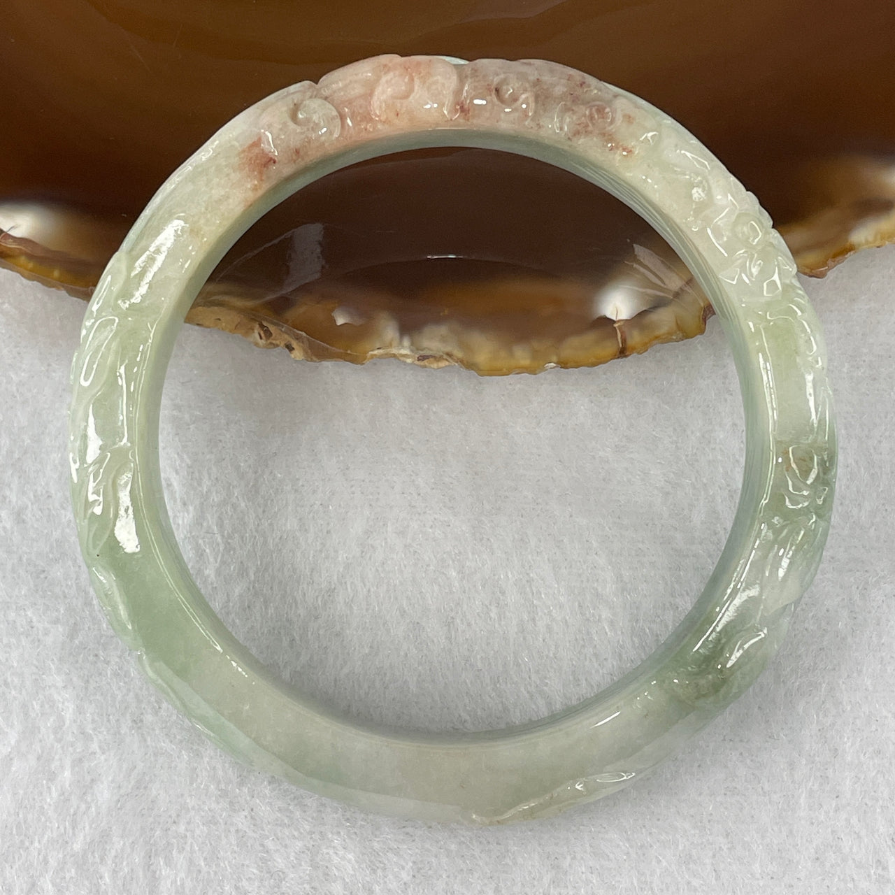 Natural Type A Green & Reddish Jadeite "Flower & Ruyi" Carved Bangle | 100% Untreated Masterwork Fei Cui Bracelet (48.68g | 55.2mm Inner Diameter | 13.0mm × 7.6mm) (Internal Line)