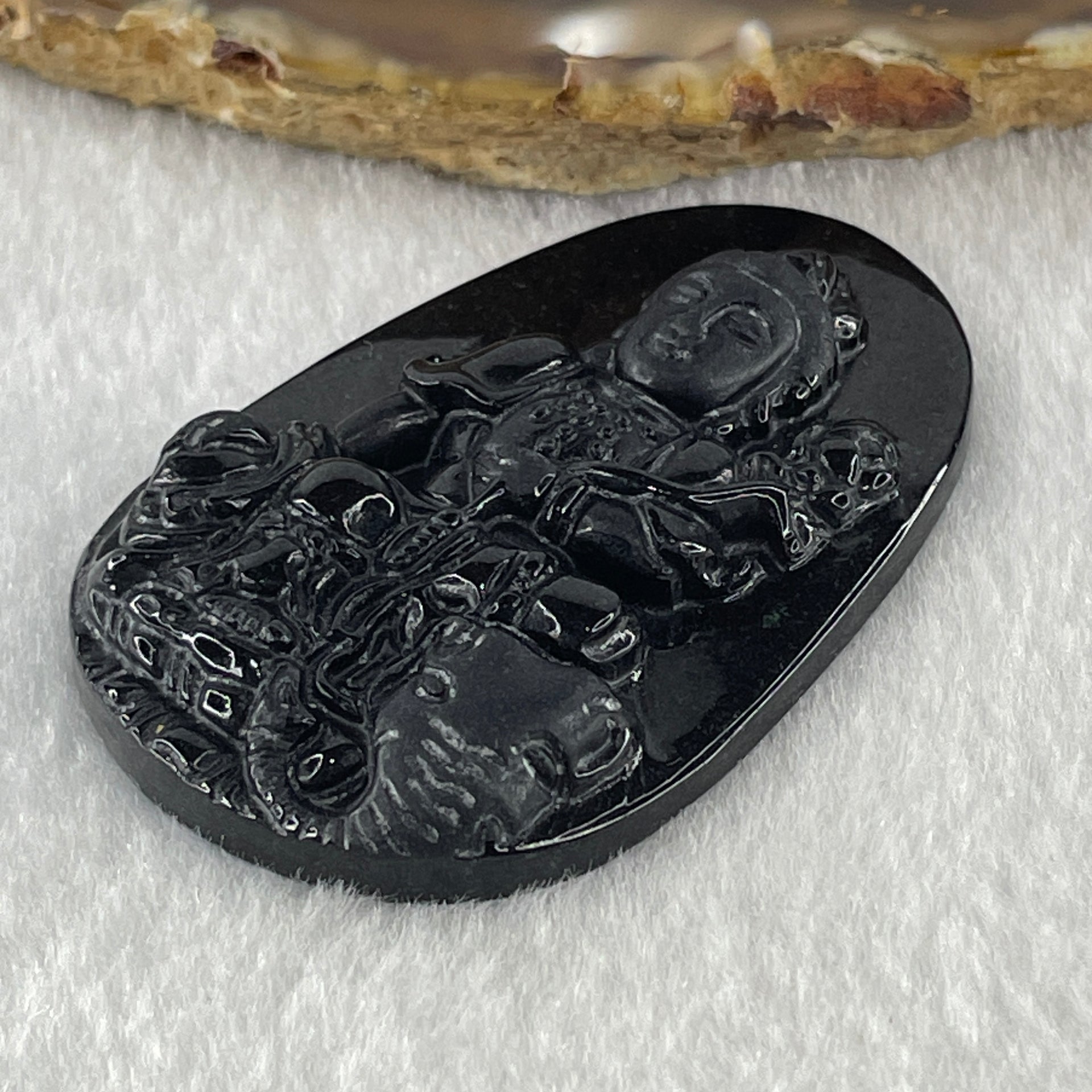 Type A Opaque Black Omphacite Jadeite Samantabhadra Bodhisattva Pendant Dragon and Snake Zodiac Guardian 18.30g 51.8 by 33.7 by 7.9mm - Huangs Jadeite and Jewelry Pte Ltd
