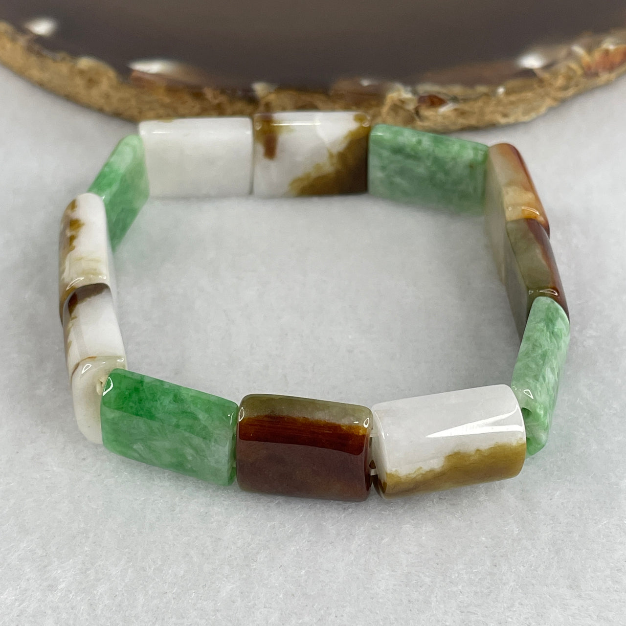 Natural Type A Green with Brownish Reddish Jadeite Shou Pai Bracelet | Certified Untreated Fei Cui Curved Plaque Link Bracelet (40.40g | 17.5cm 13.5 by 7.6mm | 12 Pcs)