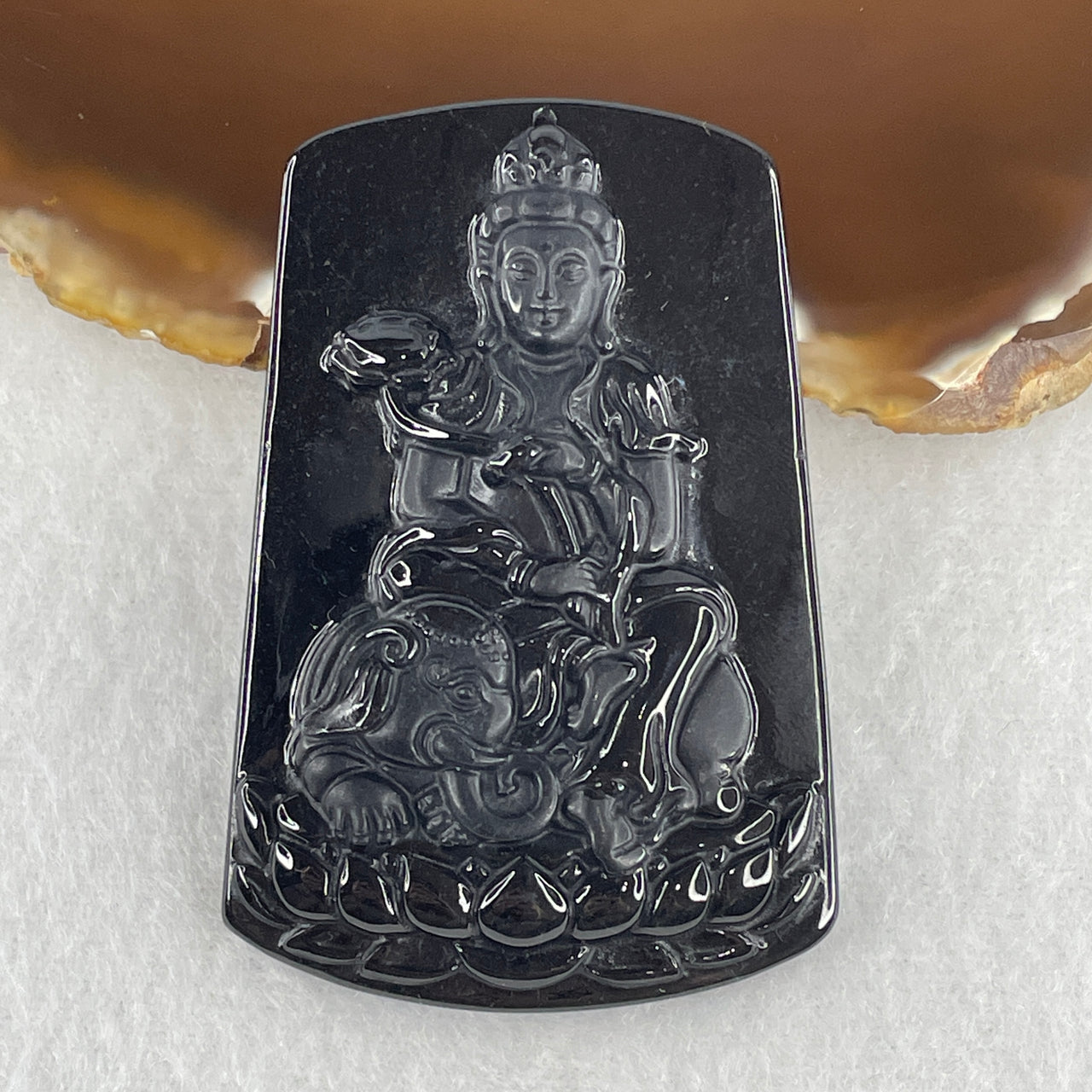 Certified Type A Opaque Black Omphacite Jadeite Bodhisattva Samantabhadra on Elephant Pendant | Action & Great Practice Talisman (23.56g | 59.0 x 39.8 x 9.0mm)