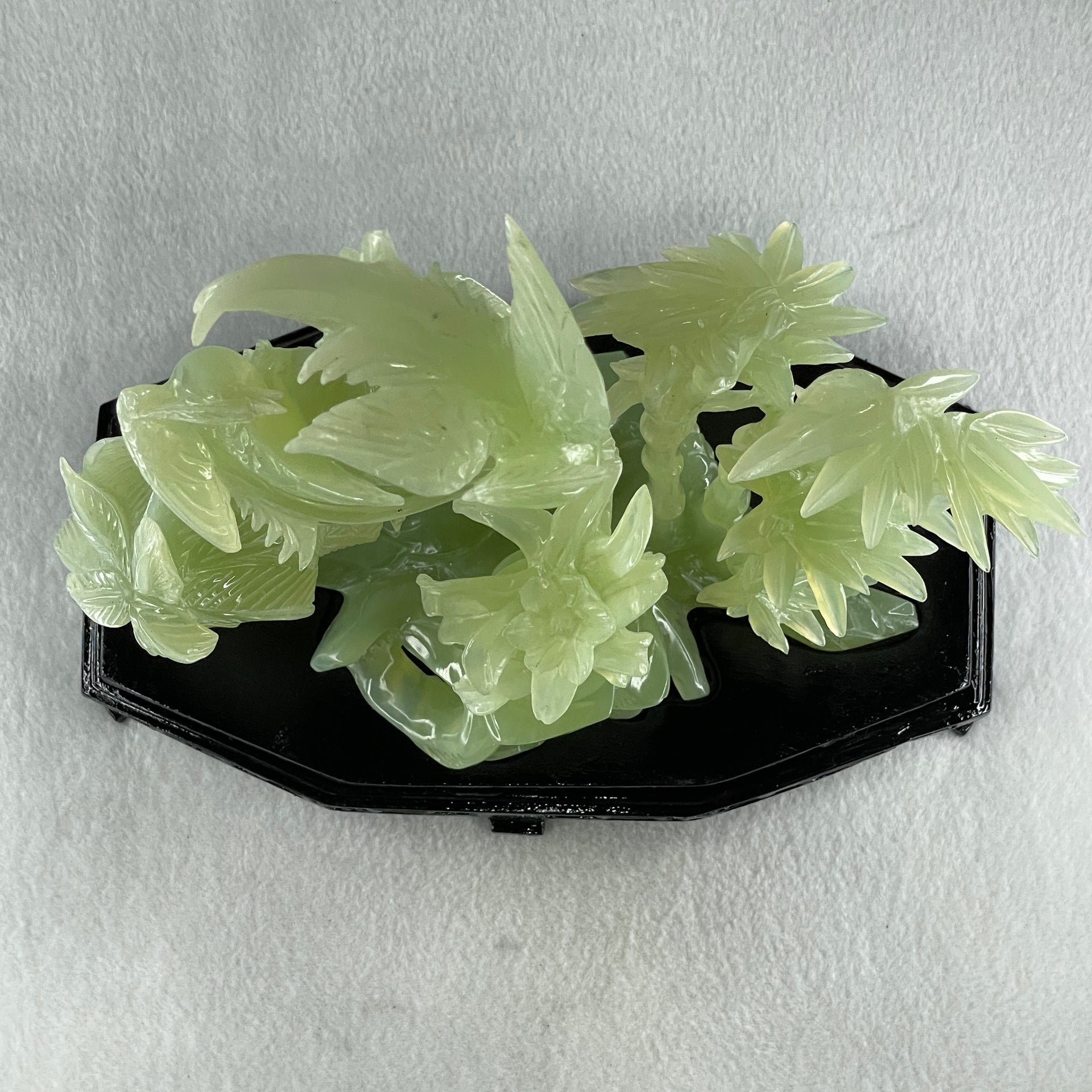 Natural Green Serpentine Double Phoenix with Bamboo Treen and Flower with Wooden Stand Display 1,096.7g 220.0 by 130.0 by 220.0mm - Huangs Jadeite and Jewelry Pte Ltd