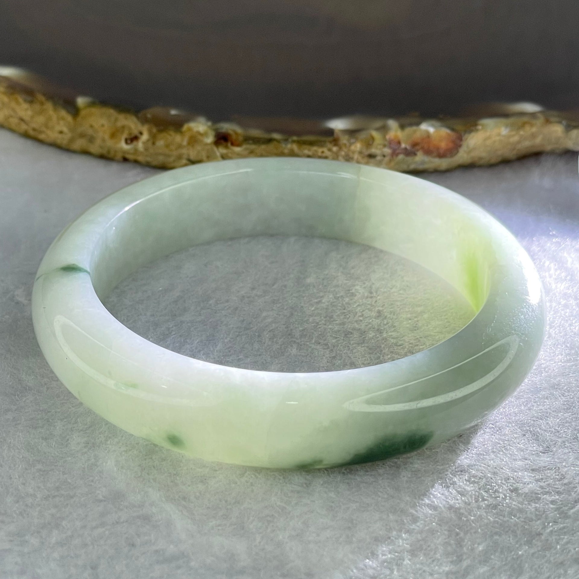 Type A Light Green and Dark Blueish Green Piao Hua Jadeite Bangle Internal Diameter 55.2mm 55.75g 12.5 by 8.8mm (External Line) - Huangs Jadeite and Jewelry Pte Ltd