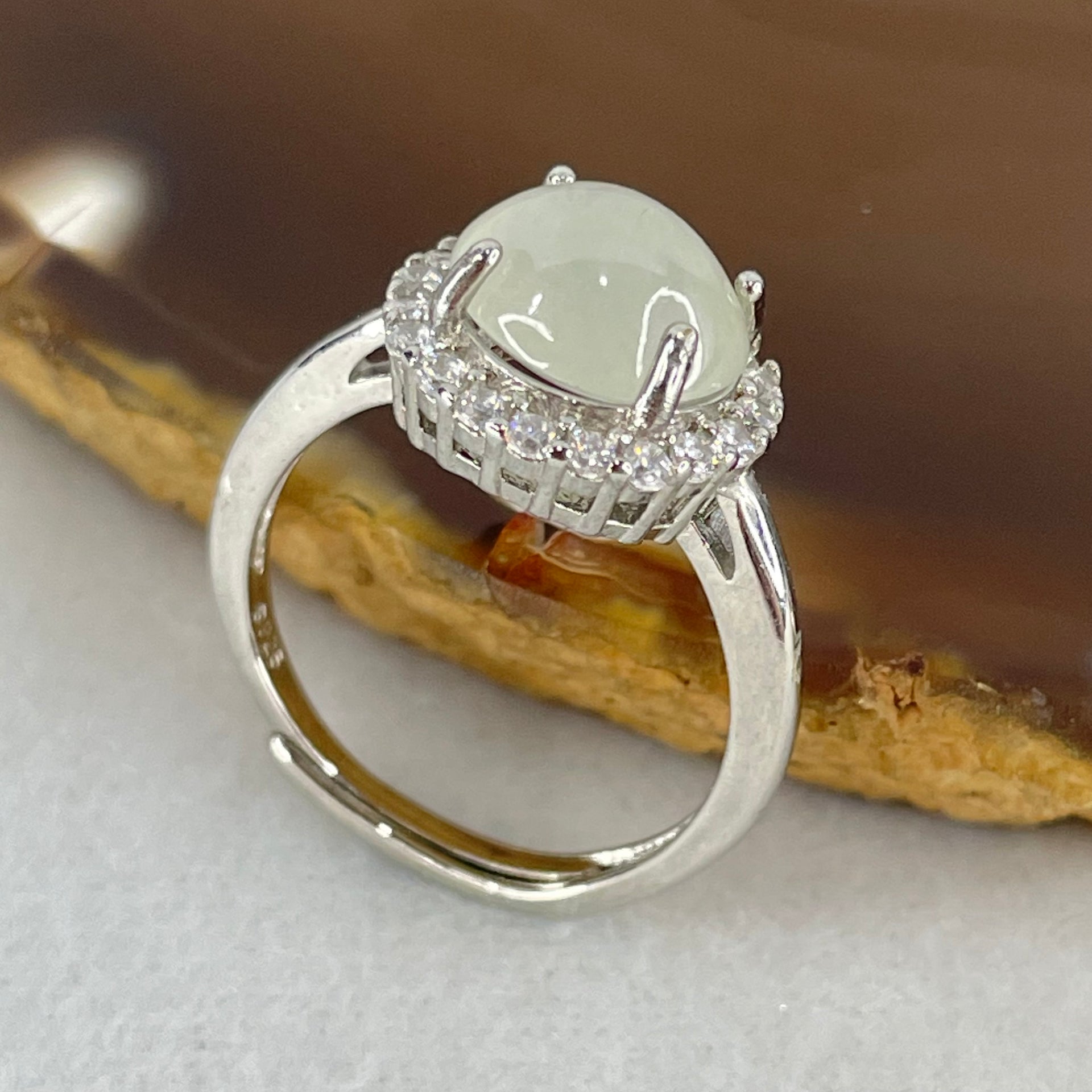 Type A Semi Icy Green Jadeite Cabochon in S925 Sliver Ring (Adjustable Size) 2.60g 8.4 by 8.9 by 5.0mm - Huangs Jadeite and Jewelry Pte Ltd
