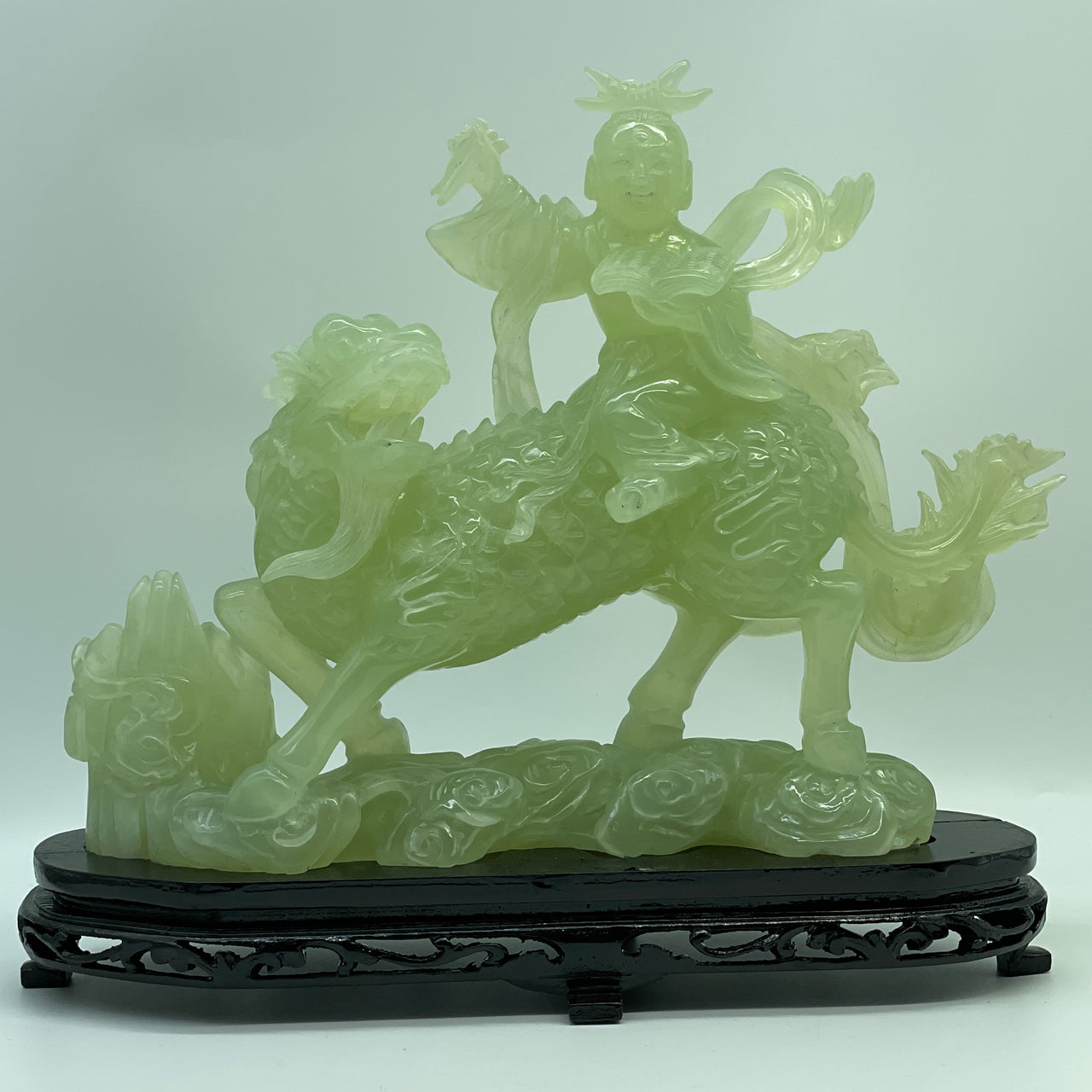 Natural Green Serpentine Nezha on QiLin on Mountain with Wooden Stand Display 3,139.0g 332.0 by 116.0 by 270.0mm