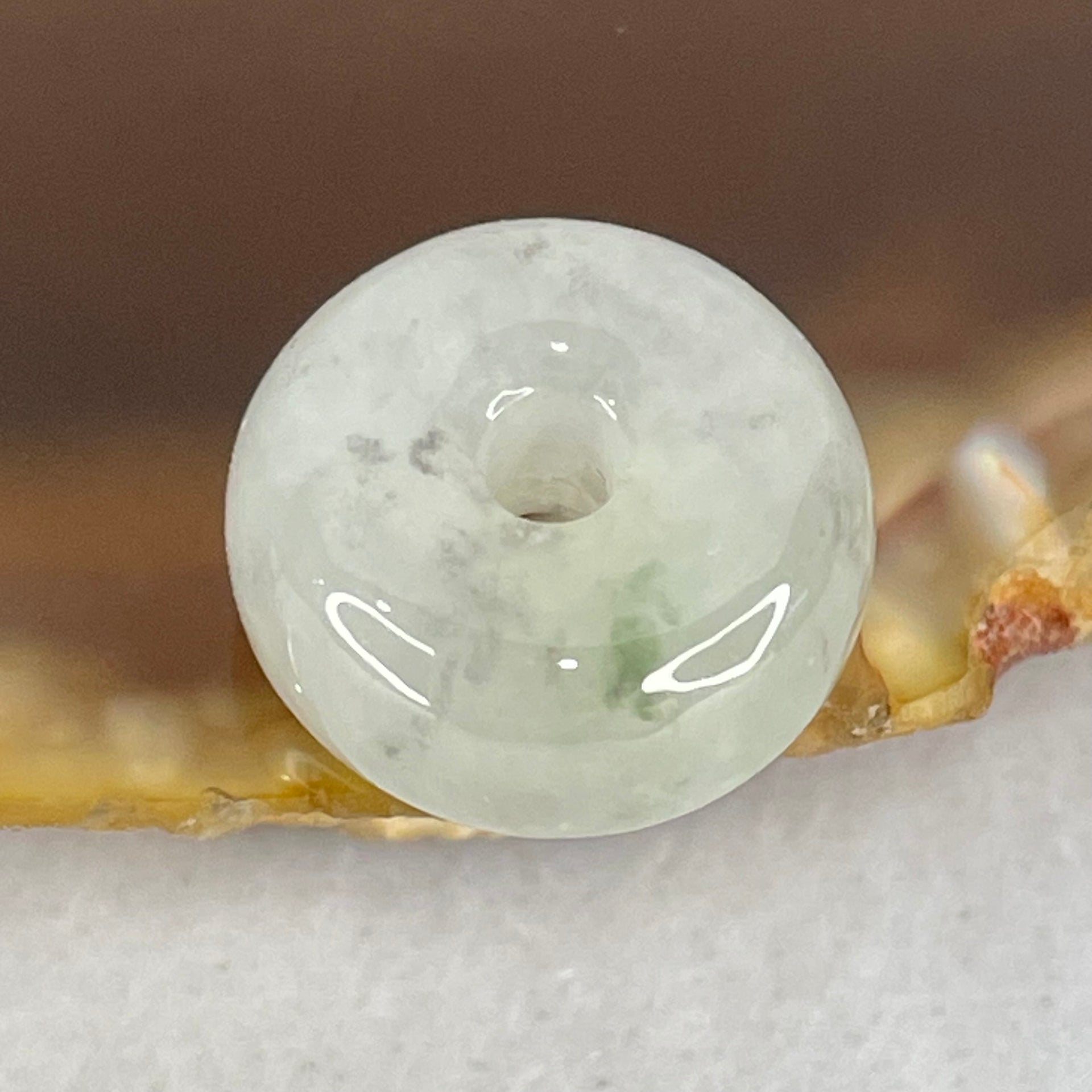 Type A Semi Icy Faint Green Jadeite Ping An Kou Donut Pendant 2.44g 13.2 by 6.6mm - Huangs Jadeite and Jewelry Pte Ltd
