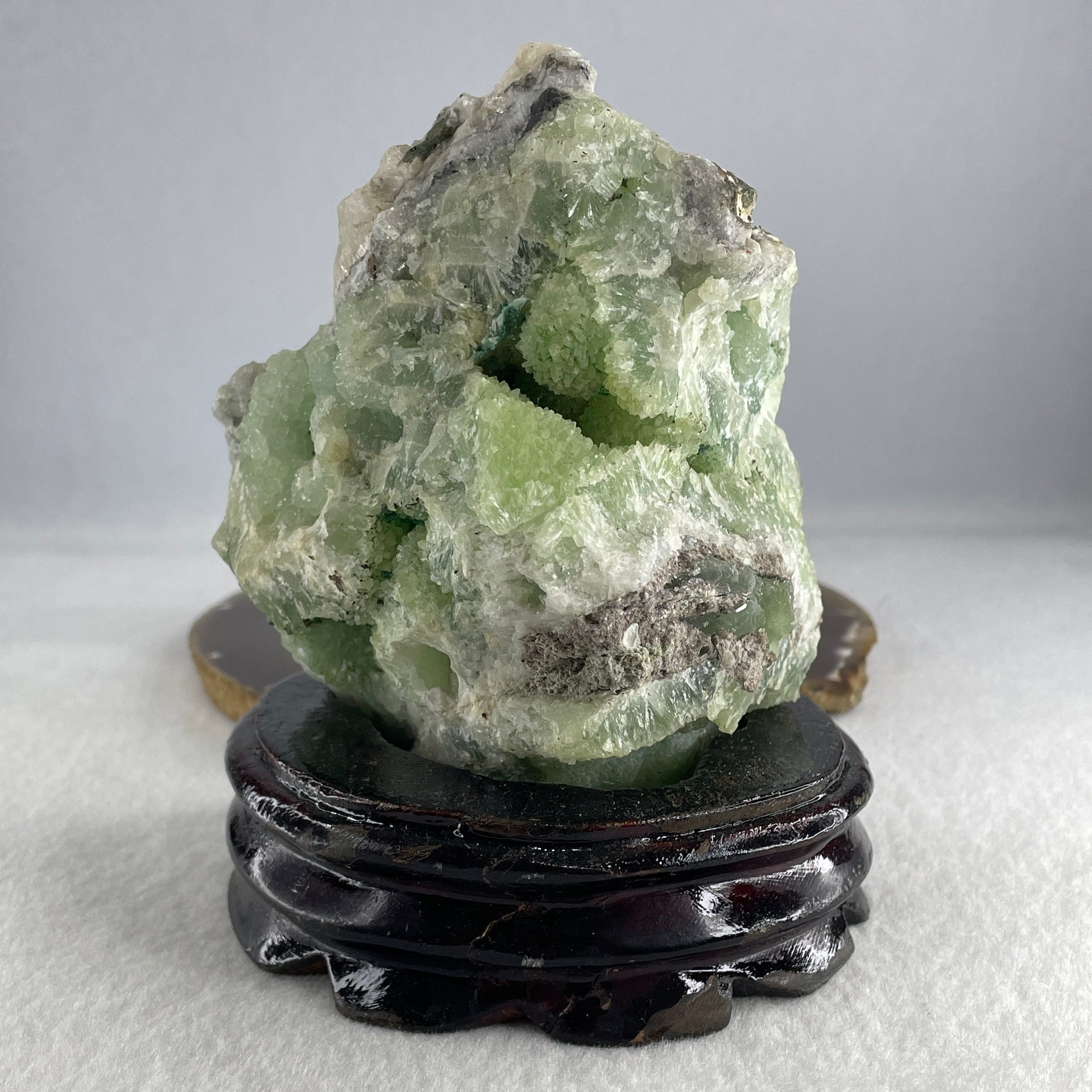 Natural Green Fluorite Rough Irregular Shape Display with Wooden Stand 1.017,9g 107.0 by 86.0 by 135.0mm - Huangs Jadeite and Jewelry Pte Ltd