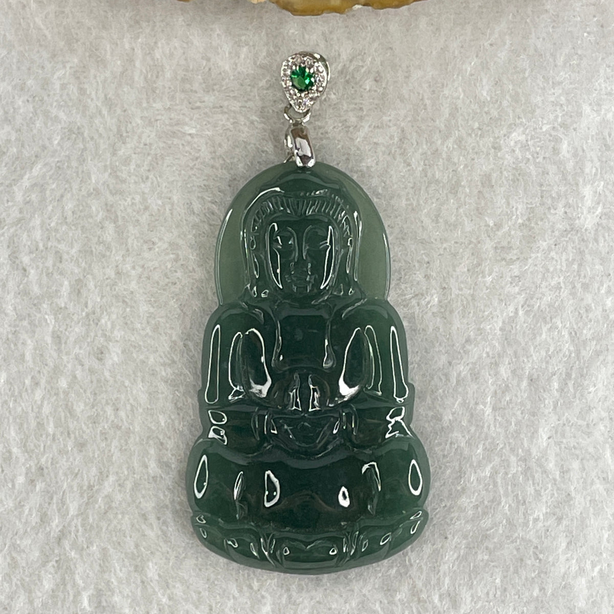 Natural Type A Icy Blueish Green Jadeite Amitabha Buddha Pendant in S925 Silver | (8.38g | 45.2 x 26.6 x 4.0mm | Infinite Light, Compassion & Lifelong Protection Anchor, Feng Shui Guardian & Executive Peace Pendant) - Huangs Jadeite and Jewelry Pte Ltd