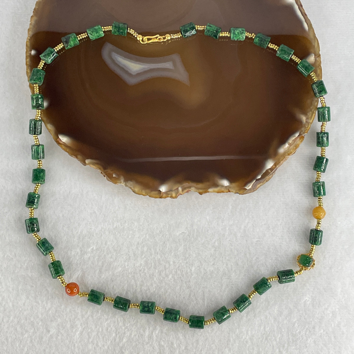 Certified Natural Type A Old Mine Spicy Green with Red Jadeite Lulutong Beads Necklace | S925 Gold-Tone Accents (33.30g | 35 Lulutong | 50cm | Wealth & Career Momentum) (External Rough)