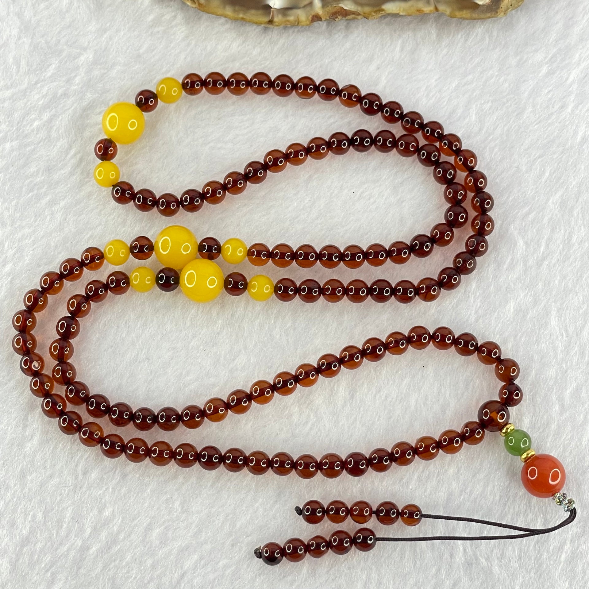 Natural Blood Red with Yellow Amber Beads Necklace 天然血珀项链 12.27g 60cm 9.4mm 3 Beads 5.7mm 6 Beads 5.1mm 104 Beads - Huangs Jadeite and Jewelry Pte Ltd