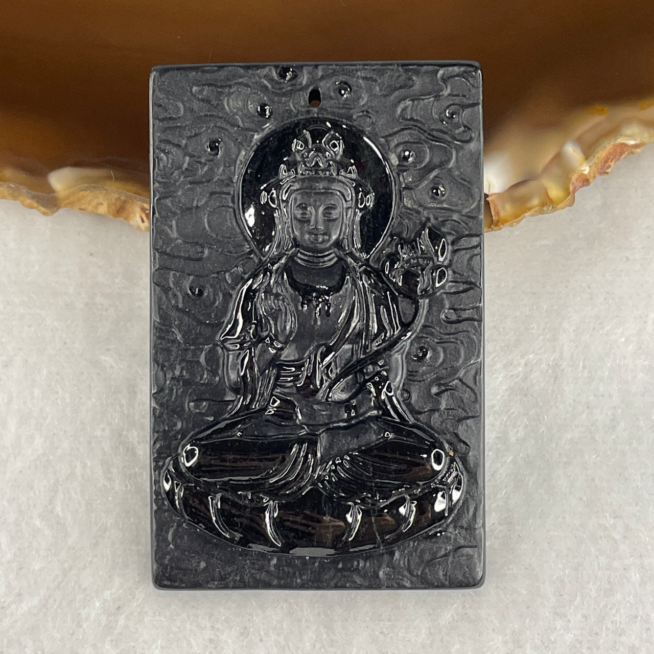 Certified Type A Black Omphacite Jadeite Mahasthamaprapta Bodhisattva & Jade Emperor Pendant | Great Strength & Celestial Governance Talisman (26.74g | 50.3 x 32.1 x 6.9mm)