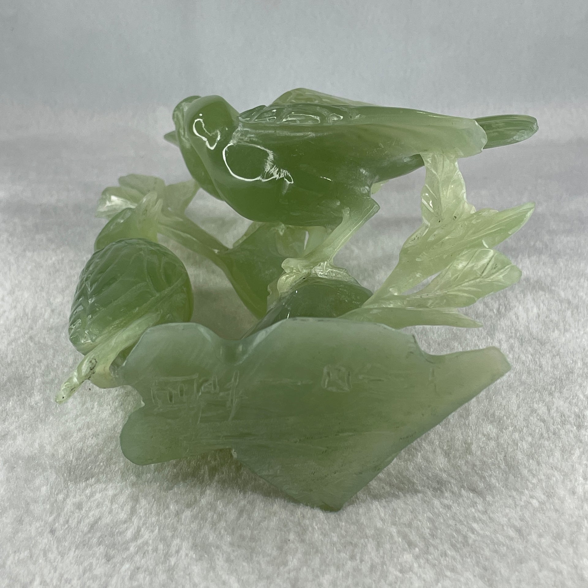 Natural Green Serpentine 3 Magpie Birds on Tree with Wooden Stand Display 569.6g 141.0 by 242.0 by 78.0mm - Huangs Jadeite and Jewelry Pte Ltd