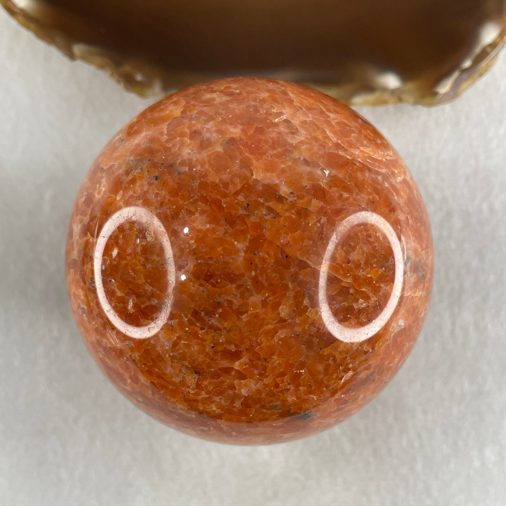 Natural Orange Calcite Ball with Clear Acrylic Display 545.43g 72.0 by 91.0mm - Huangs Jadeite and Jewelry Pte Ltd