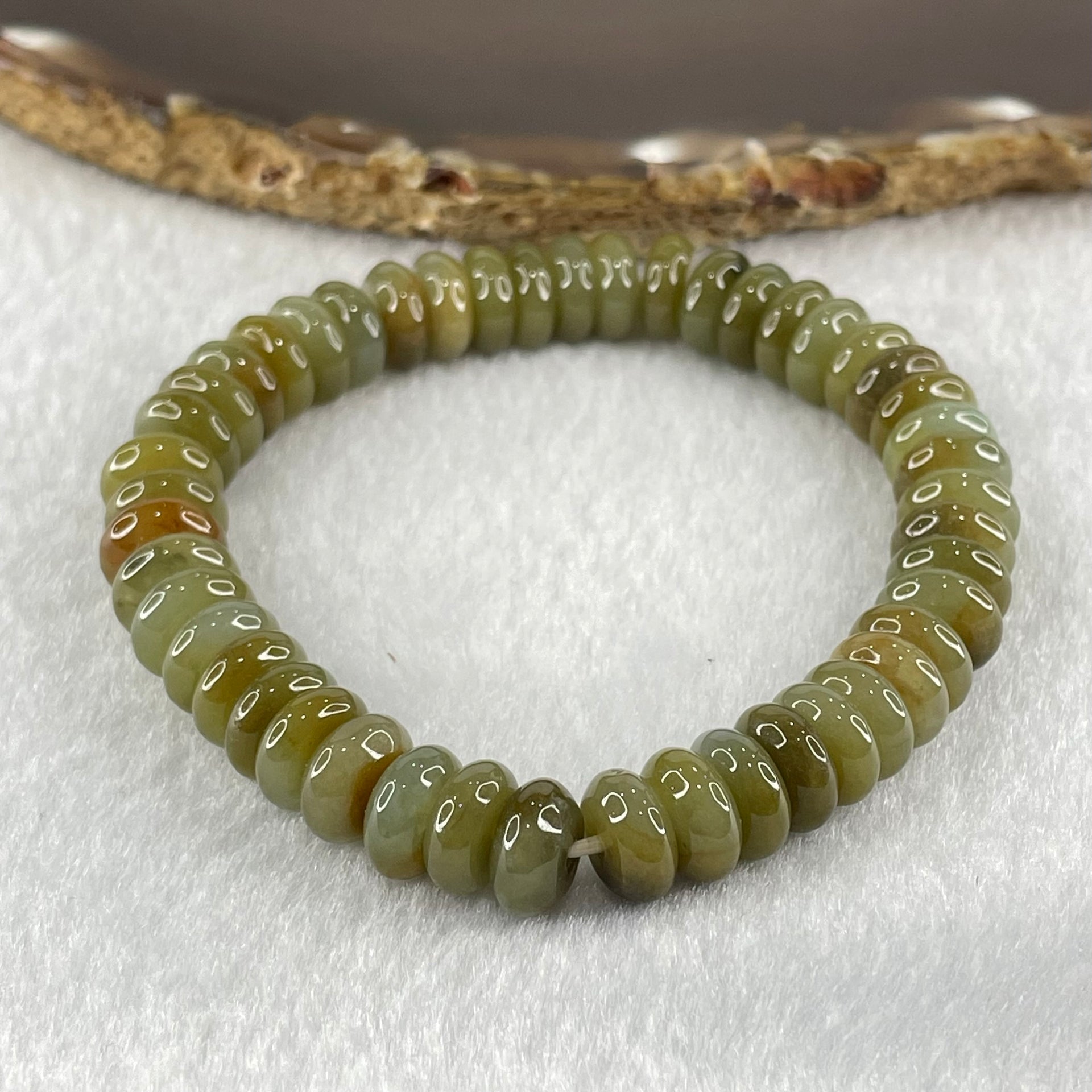 Type A Brown with Blueish Green Jadeite Ping An Kou Donut Beads Bracelet 33.05g 16cm 9.3mm 47pcs - Huangs Jadeite and Jewelry Pte Ltd