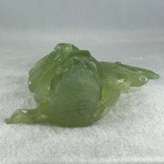 Natural Green Serpentine Fairy with Fan and Flower with Wooden Stand Display 476.2g 130.0 by 70.0 by 225.0mm - Huangs Jadeite and Jewelry Pte Ltd