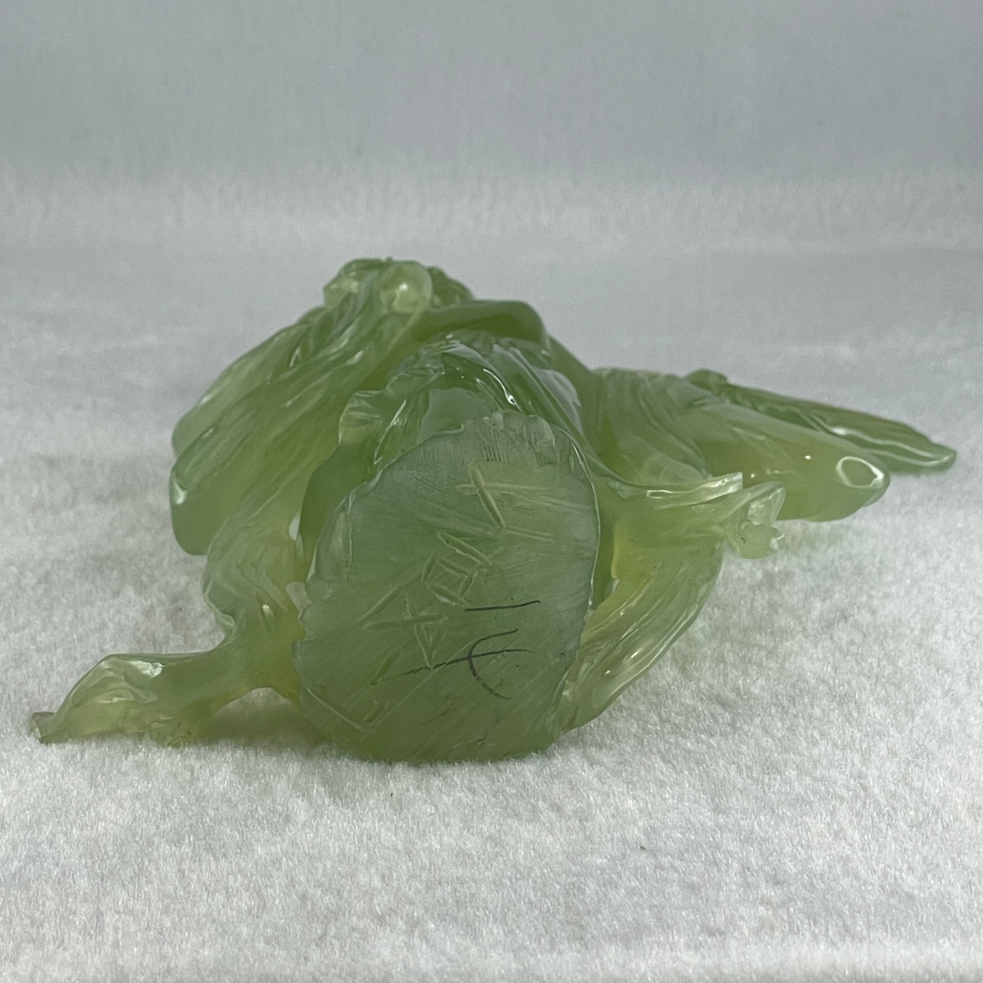 Natural Green Serpentine Fairy with Fan and Flower with Wooden Stand Display 476.2g 130.0 by 70.0 by 225.0mm - Huangs Jadeite and Jewelry Pte Ltd