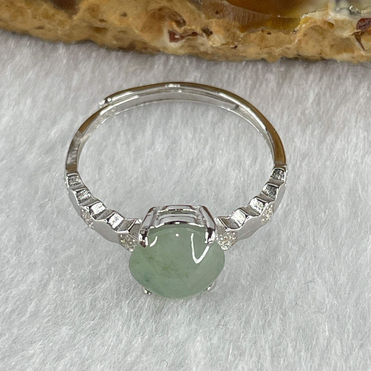 Natural Type A Semi Icy Faint Green Jadeite Round Shape Cabouchon with Cubic Zirconia in S925 Silver Ring (Adjustable Size) 1.44g 7.9 by 4.5mm