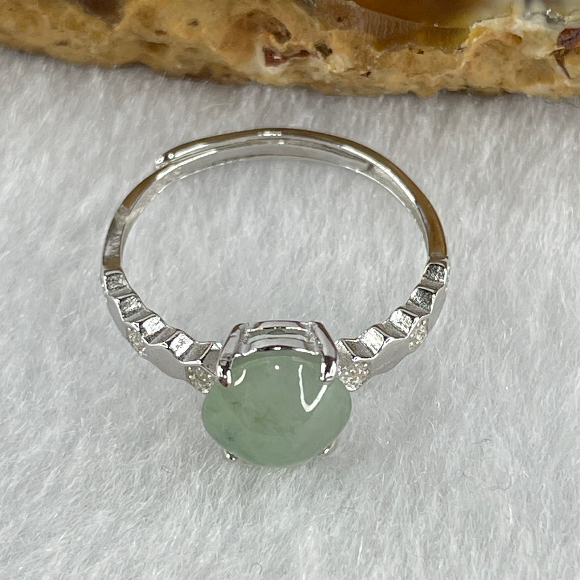 Natural Type A Semi Icy Faint Green Jadeite Round Shape Cabouchon with Cubic Zirconia in S925 Silver Ring (Adjustable Size) 1.44g 7.9 by 4.5mm - Huangs Jadeite and Jewelry Pte Ltd
