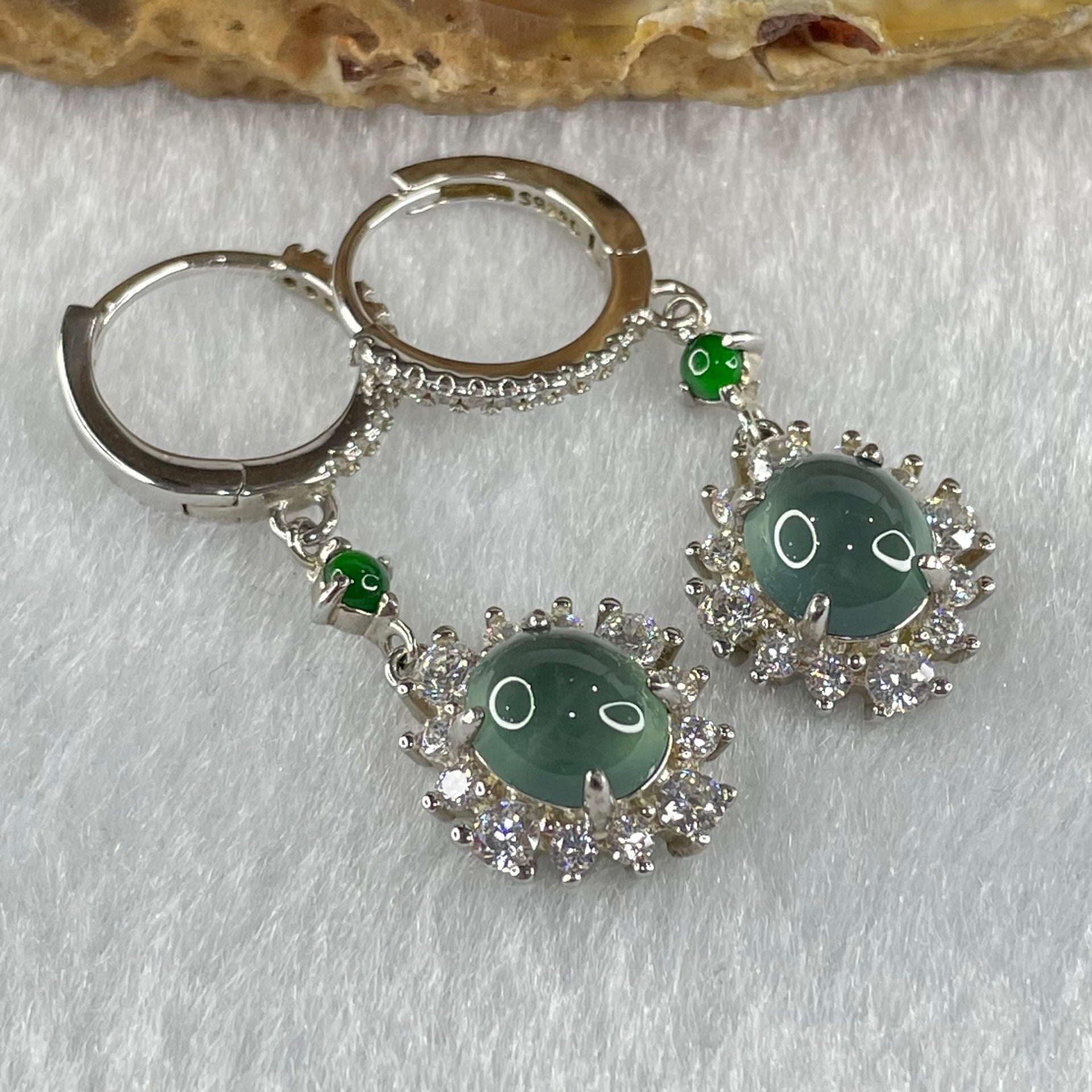 Type A icy Blueish Green Jadeite Cabochons With Crystals in S925 Sliver Earrings 4.51g 7.7 by 6.7 by 3.5mm - Huangs Jadeite and Jewelry Pte Ltd
