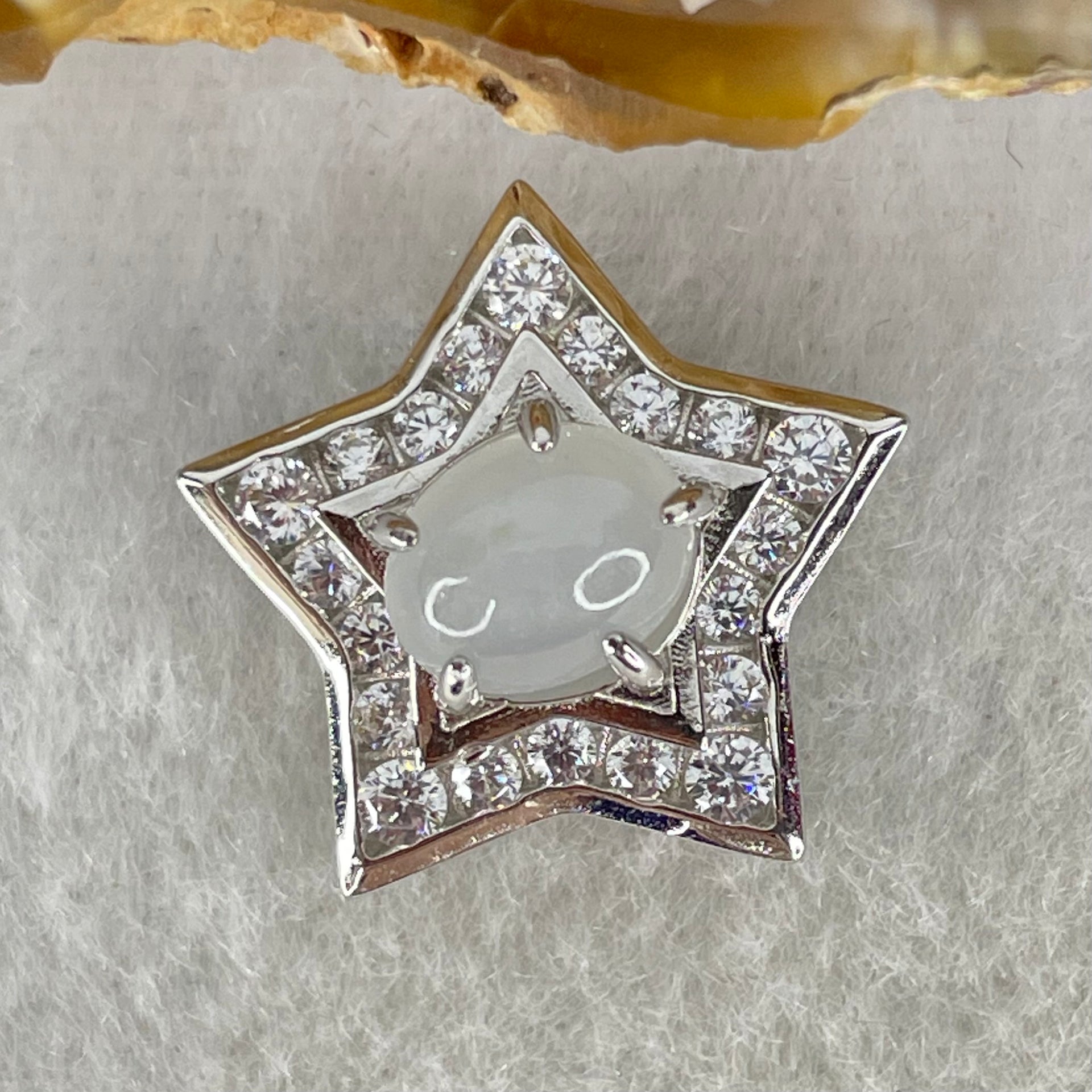 Type A Semi Icy Light Lavender Cabochon Jadeite in S925 Sliver Star with Crystal Charm 2.39g 7.9 by 6.9 by 4.0mm - Huangs Jadeite and Jewelry Pte Ltd