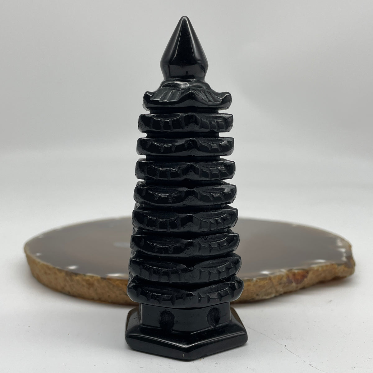 Natural Black Obsidian Pagoda Display | (158.55g | 43.3 x 39.2 x 103.3mm | Catalyst, "Wen Chang" Academic Excellence & Career Promotion Anchor, Traditional Spatial Shielding Specimen)