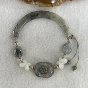 Natural Type A Jelly Wuji Grey Jadeite Double Dragon Head with Lotus Flowers and Butterfly Charm Bracelet 22.46g 4.2 by 8.7mm - Flower 21.1 by 17.2 by 9.7mm - Huangs Jadeite and Jewelry Pte Ltd
