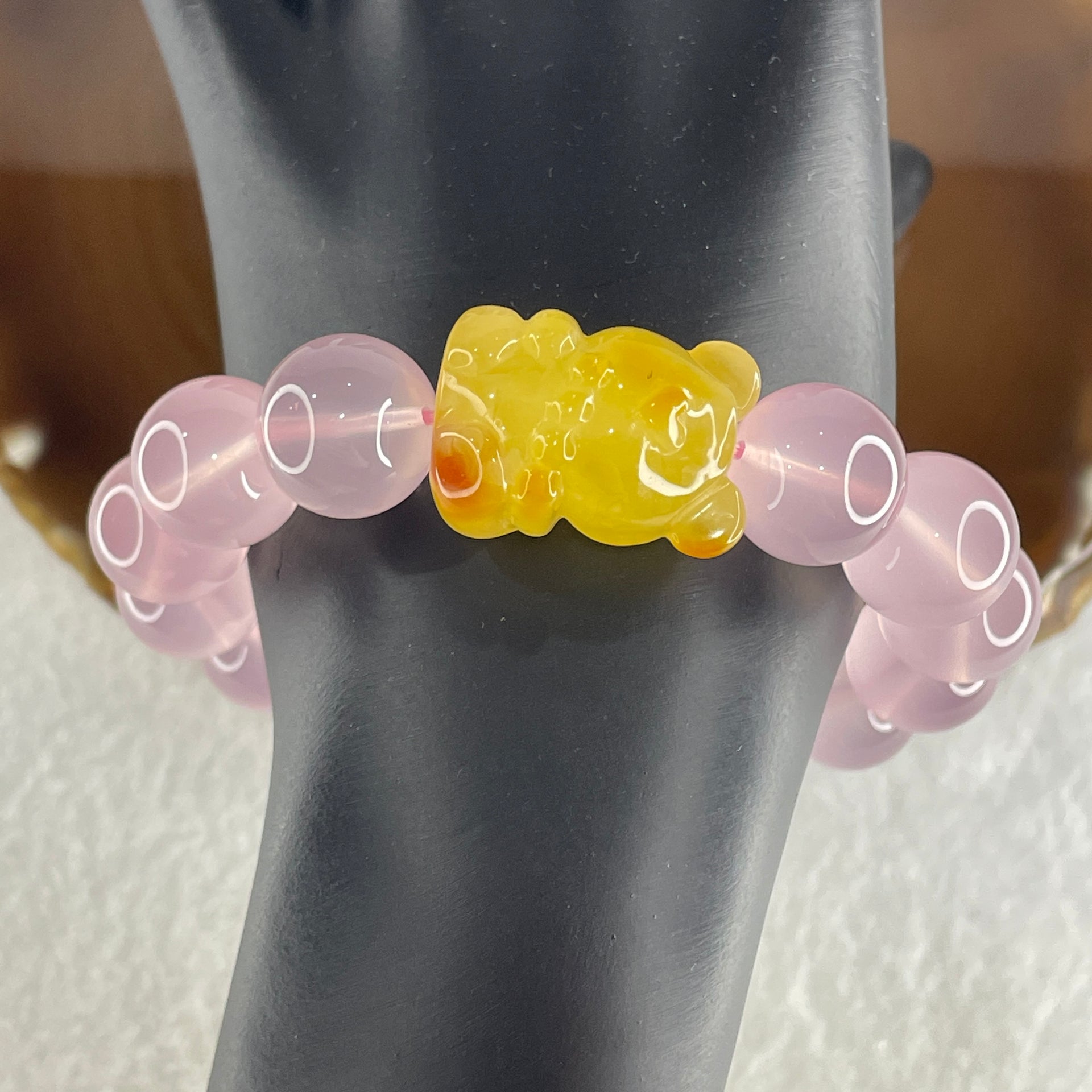 Natural Rose Quartz Beads with Amber Fortune Cat Charm Bracelet 56.85g 16.5cm 24.3 by 17.9 by 16.7mm Cat - 14.2mm 13 Beads - Huangs Jadeite and Jewelry Pte Ltd