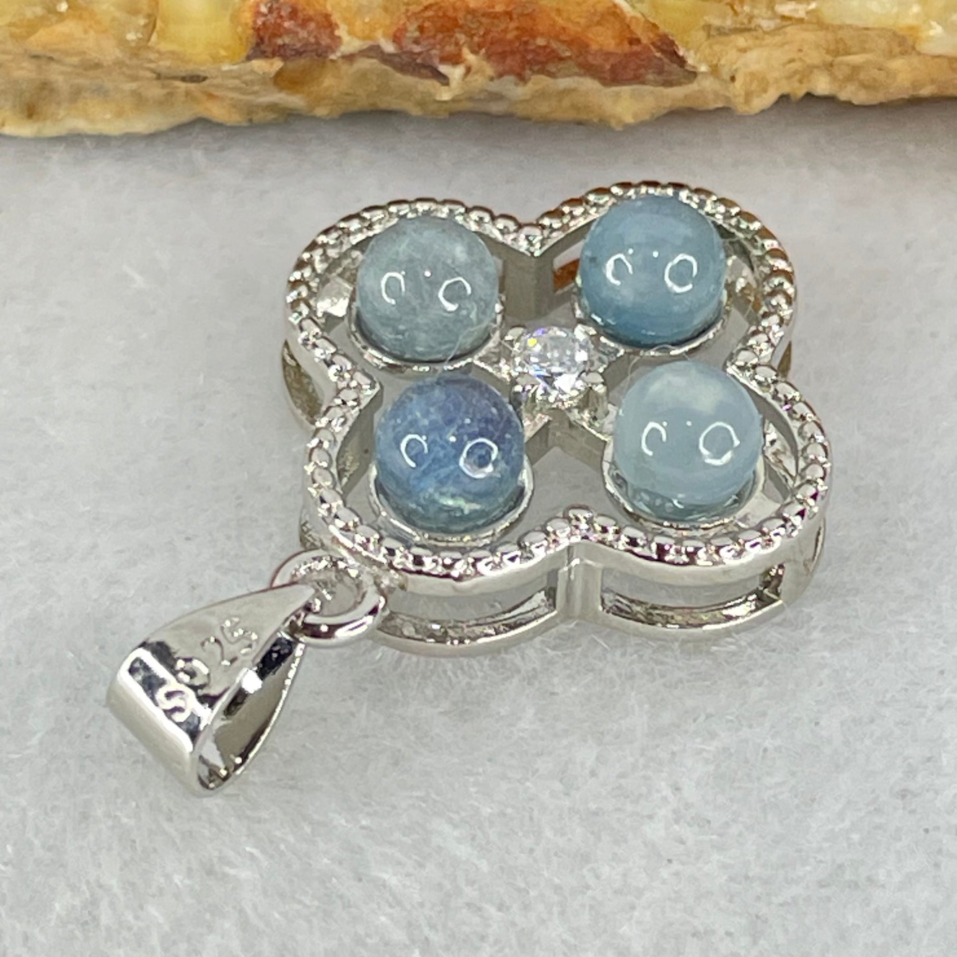 Above Average Grade Rare Natural Blue Dumortierite Rutilated Quartz in S925 Four Leaf Clover Pendant 2.21g 4.0mm 4pcs - Huangs Jadeite and Jewelry Pte Ltd