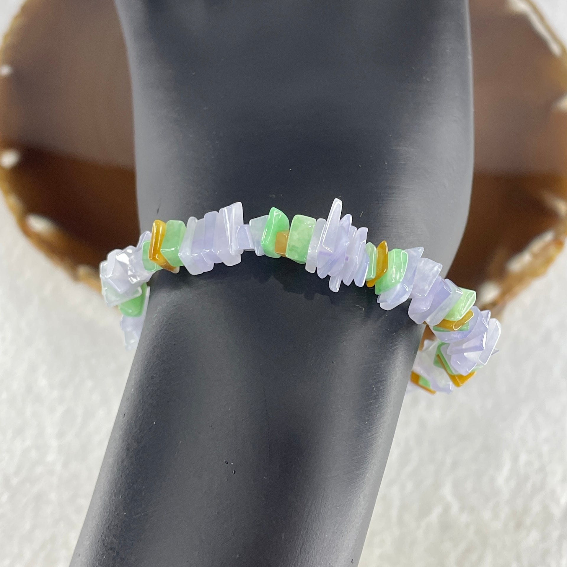 Natural Type A Lavender with Green Yellow Jadeite Irregular Bracelet 14.36g 14cm 8.2mm 94 Pcs - Huangs Jadeite and Jewelry Pte Ltd