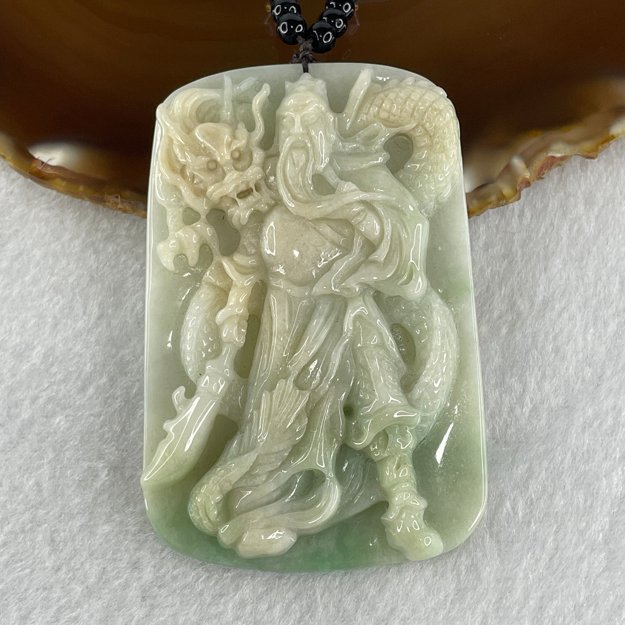 Natural Type A Light Green with Yellow and Faint Lavender Jadeite Guan Gong with Dragon Pendant 66.53g 70.0 by 46.9 by 10.0mm