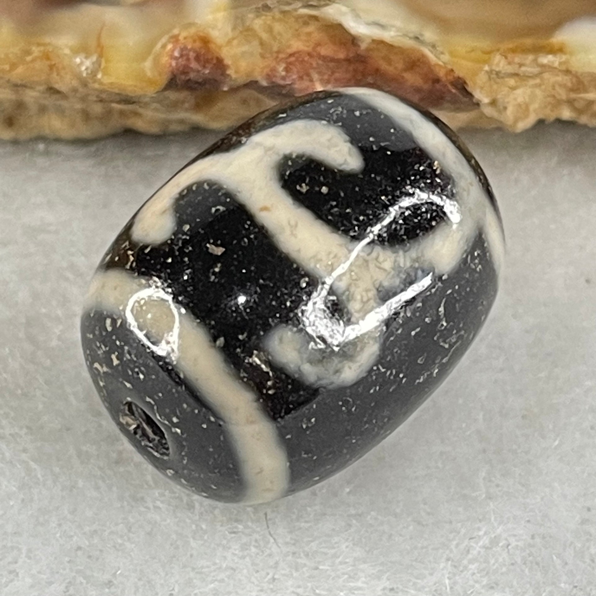 Natural Powerful Tibetan Old Oily Black White Agate Green Tara Dzi Bead Heavenly Master (Tian Zhu) 绿度母天珠 4.70g 17.3 by 13.2mm - Huangs Jadeite and Jewelry Pte Ltd