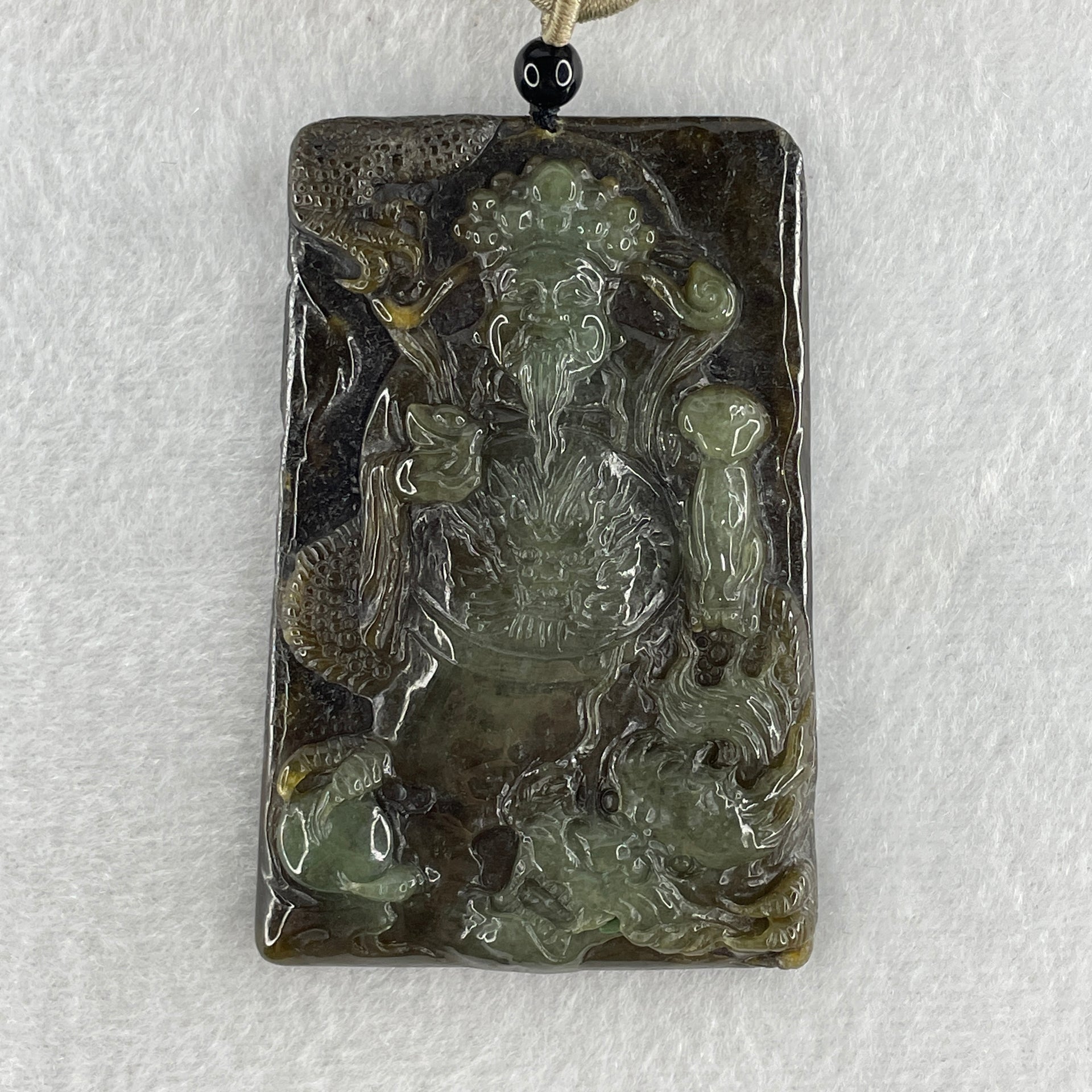 Natural Type A Dark Brown with Blueish Green Jadeite Cai Shen Ye God of Fortune Pendant 69.83g 73.2 by 47.9 by 9.0mm - Huangs Jadeite and Jewelry Pte Ltd