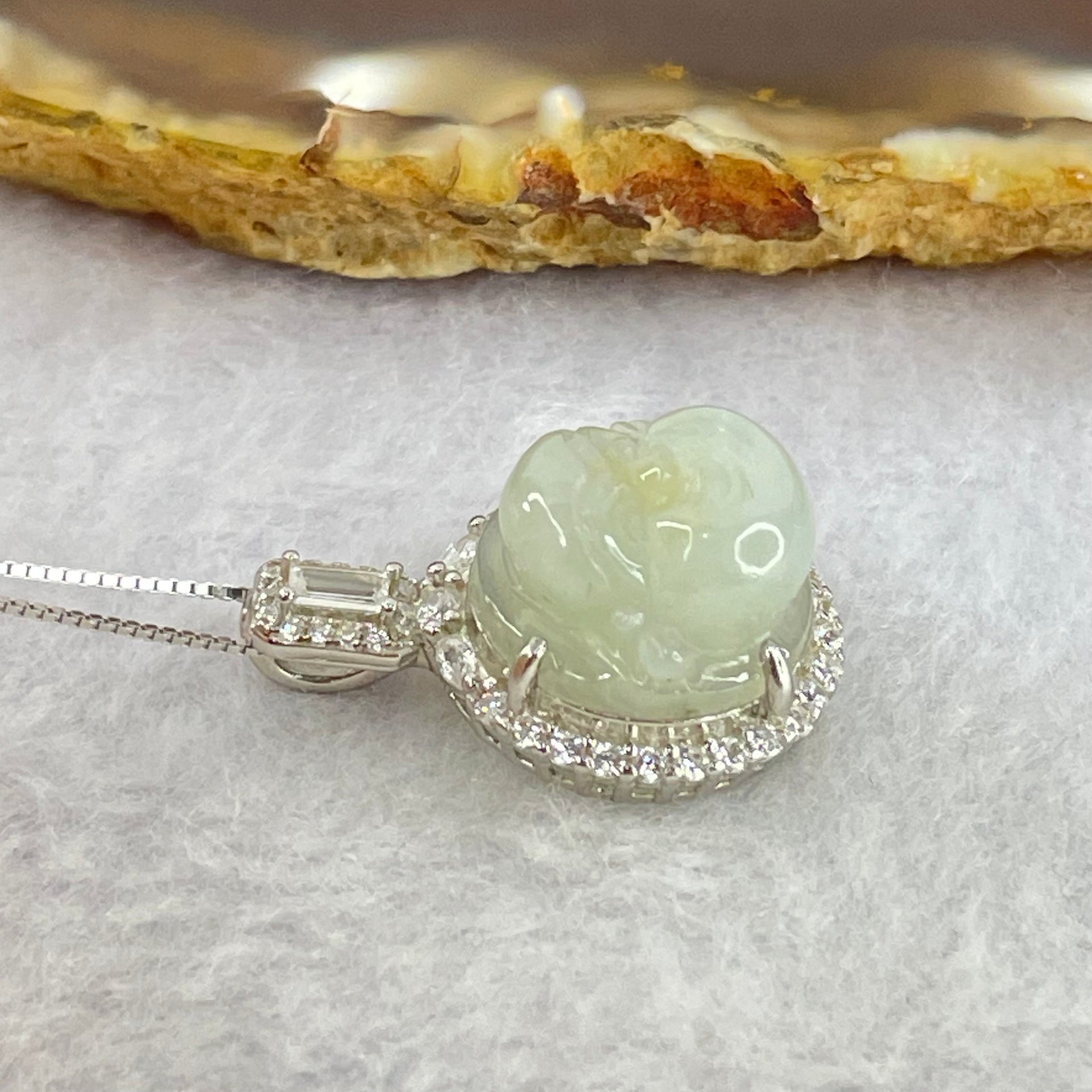 Type A Faint Green Lavender Yellow Milo Buddha with Crystals in S925 Sliver Pendant and Necklace 5.52g 13.9 by 13.9 by  7.5mm - Huangs Jadeite and Jewelry Pte Ltd