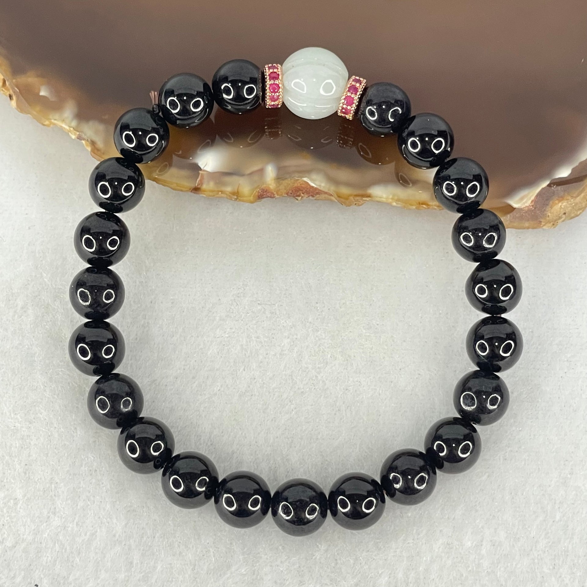 Type A Opaque Black Omphasite Jadeite Beads with Faint Green Jadeite Melon Charm Bracelet 21.49g 15.5cm 8.0mm 22 Bead 10.1 by 9.3m 1 Bead - Huangs Jadeite and Jewelry Pte Ltd