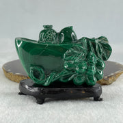 Natural Malachite Yuan Bao Ingot with Money bag and Longevity Beach with Wooden Stand Display 402.5g 96.5 by 45.8 by 76.0mm - Huangs Jadeite and Jewelry Pte Ltd